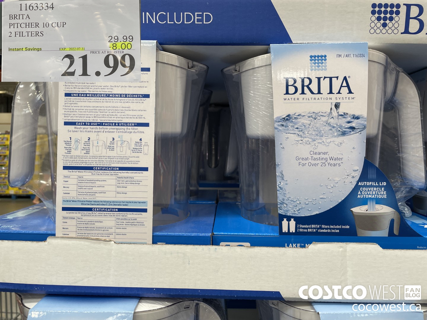 1163334 BRITA PITCHER 10 CUP 2 FILTERS ($8.00 INSTANT SAVINGS EXPIRES ON 2022-07-31) $21.99