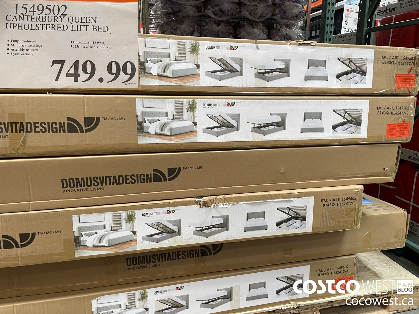 1549502 CANTERBURY QUEEN UPHOLSTERED LIFT BED $749.99