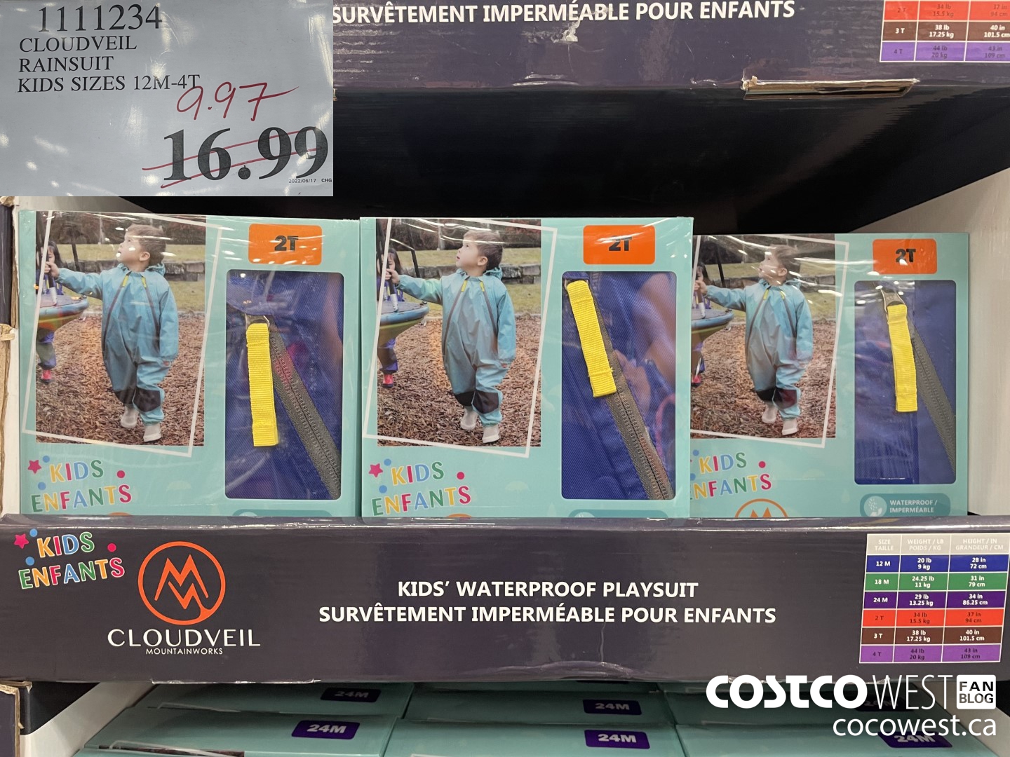 1111234 CLOUDVEIL RAINSUIT KIDS SIZES 12M-4T $9.97