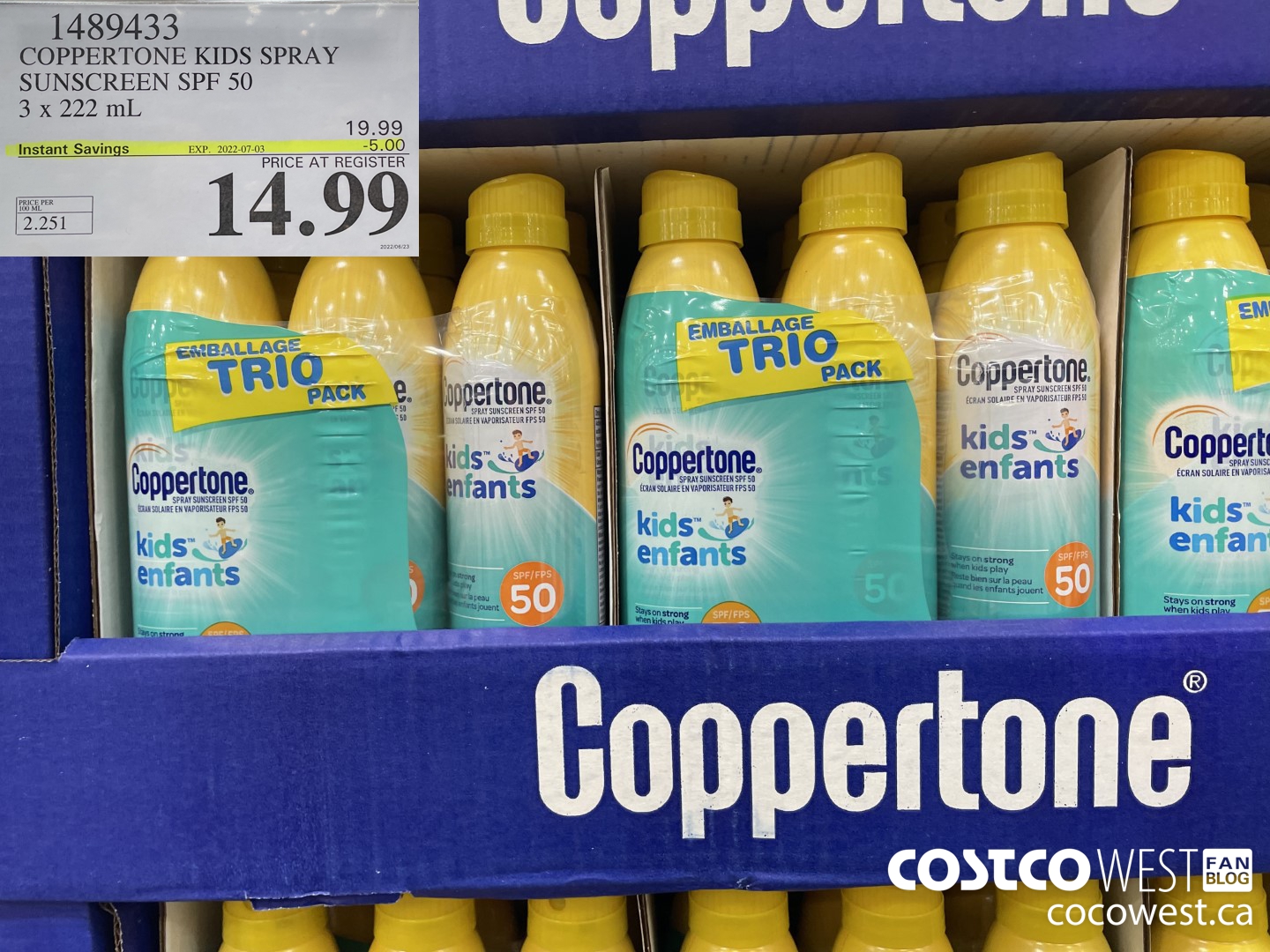 1489433 COPPERTONE KIDS SPRAY SUNSCREEN SPF 50 3 x 222 mL ($5.00 INSTANT SAVINGS EXPIRES ON 2022-07-03) $14.99