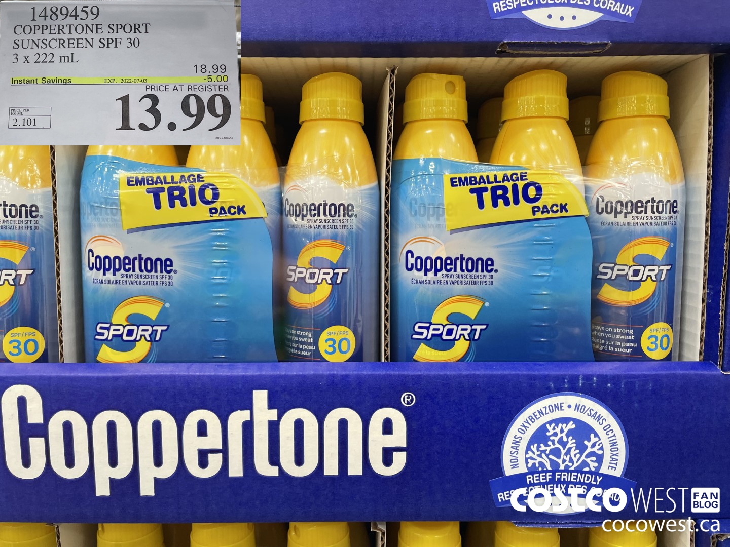 1489459 COPPERTONE SPORT SUNSCREEN SPF 30 3 x 222 mL ($5.00 INSTANT SAVINGS EXPIRES ON 2022-07-03) $13.99
