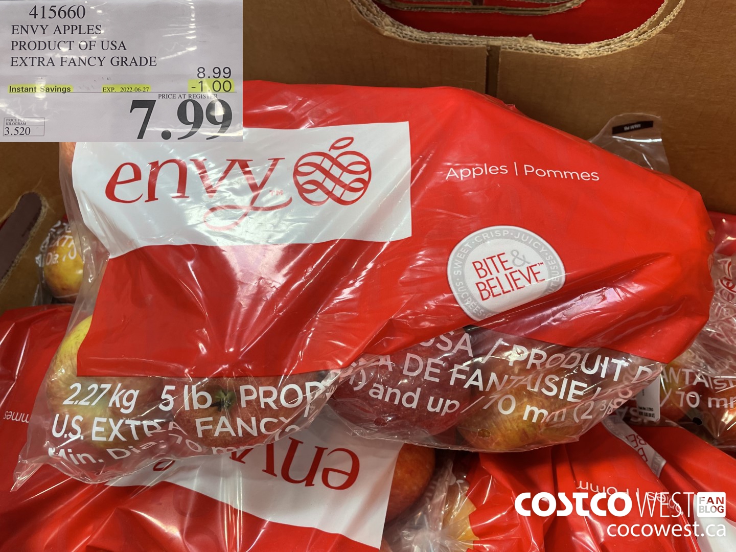 415660 ENVY APPLES PRODUCT OF USA EXTRA FANCY GRADE ($1.00 INSTANT SAVINGS EXPIRES ON 2022-06-27) $7.99