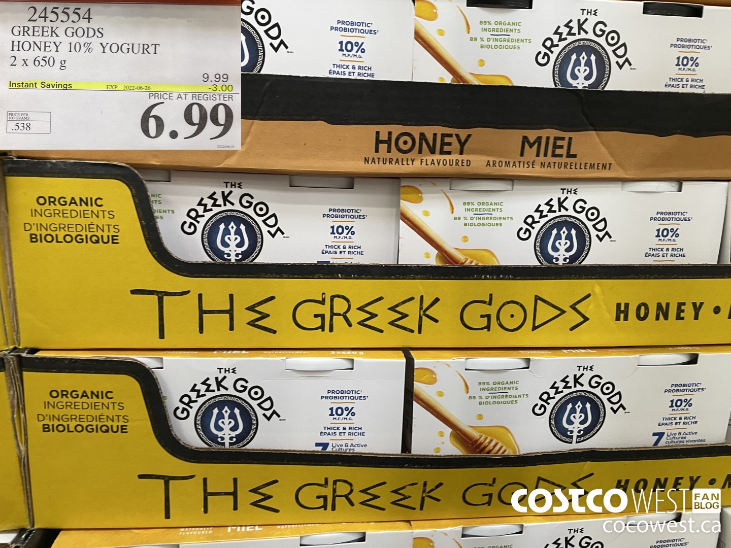 245554 GREEK GODS HONEY 10% YOGURT 2 X 650G ($3.00 INSTANT SAVINGS EXPIRES ON 2022-06-26) $6.99