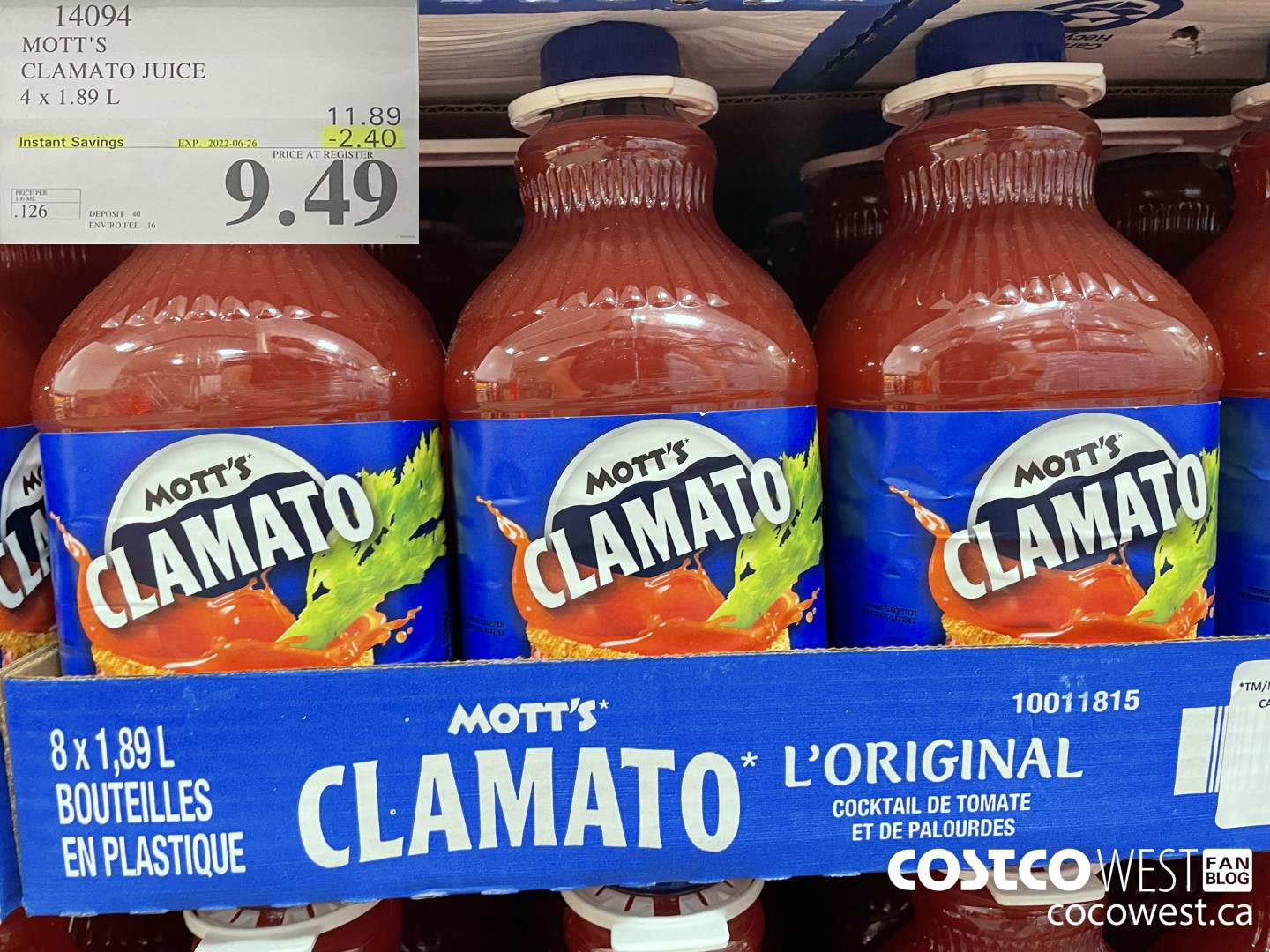 14094 MOTT'S CLAMATO JUICE 4 x 1.89L ($2.40 INSTANT SAVINGS EXPIRES ON 2022-06-26) $9.49
