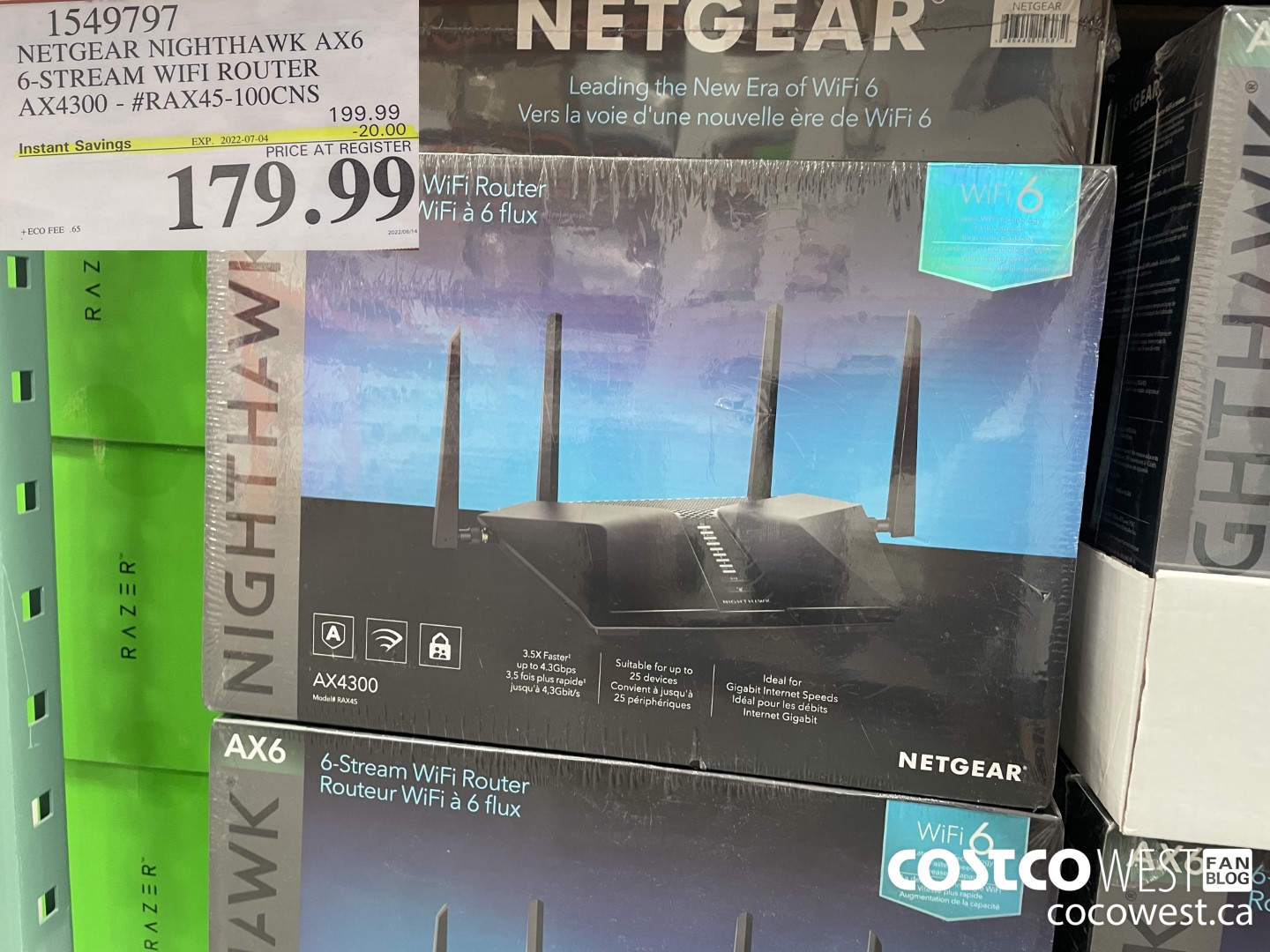 1549797 NETGEAR NIGHTHAWK AX6 6-STREAM WIFI ROUTER AX4300 - #RAX45-100CNS ($20.00 INSTANT SAVINGS EXPIRES ON 2022-07-04) $179.99