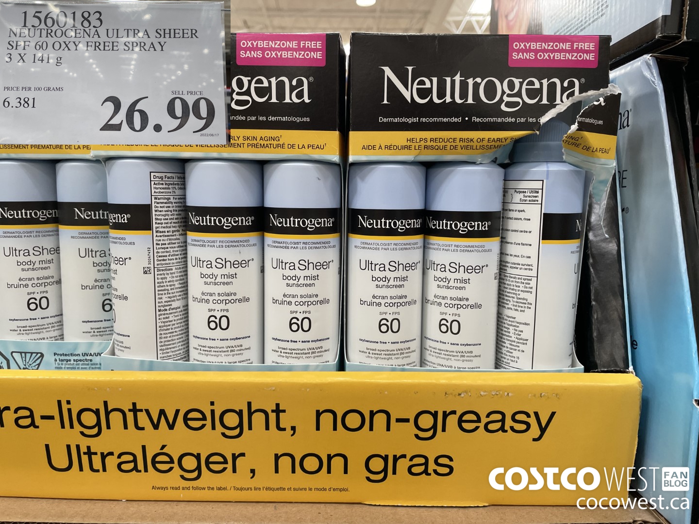 1560183 NEUTROGENA ULTRA SHEER SPF 60 OXY FREE SPRAY 3 X 141 g $26.99