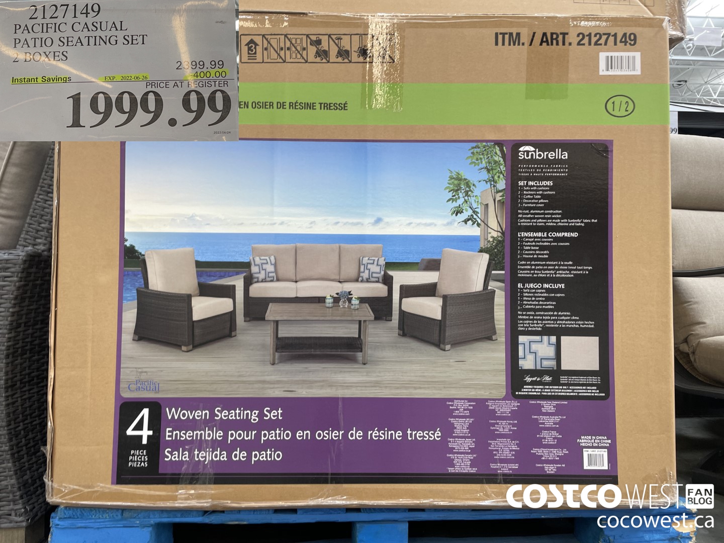 2127149 PACIFIC CASUAL PATIO SEATING SET 2 BOXES ($400.00 INSTANT SAVINGS EXPIRES ON 2022-06-26) $1999.99