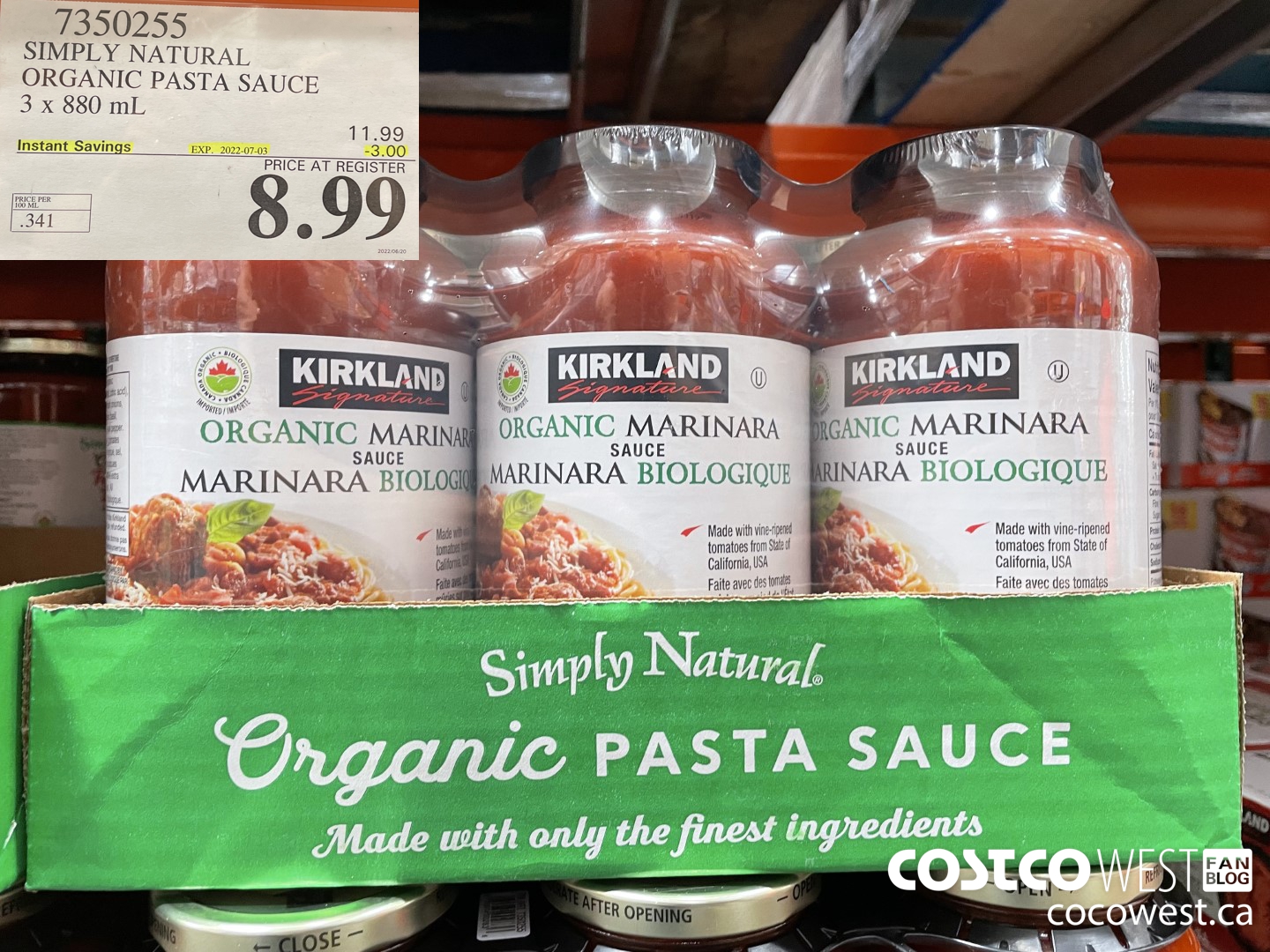 7350255 SIMPLY NATURAL ORGANIC PASTA SAUCE 3 X 880 ML ($3.00 INSTANT SAVINGS EXPIRES ON 2022-07-03) $8.99