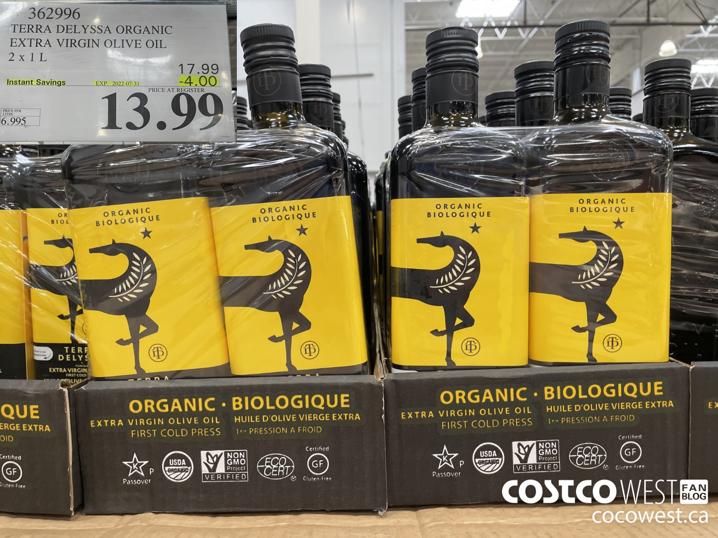 362996 TERRA DELYSSA ORGANIC EXTRA VIRGIN OLIVE OIL 2 x 1 L ($4.00 INSTANT SAVINGS EXPIRES ON 2022-07-31) $13.99