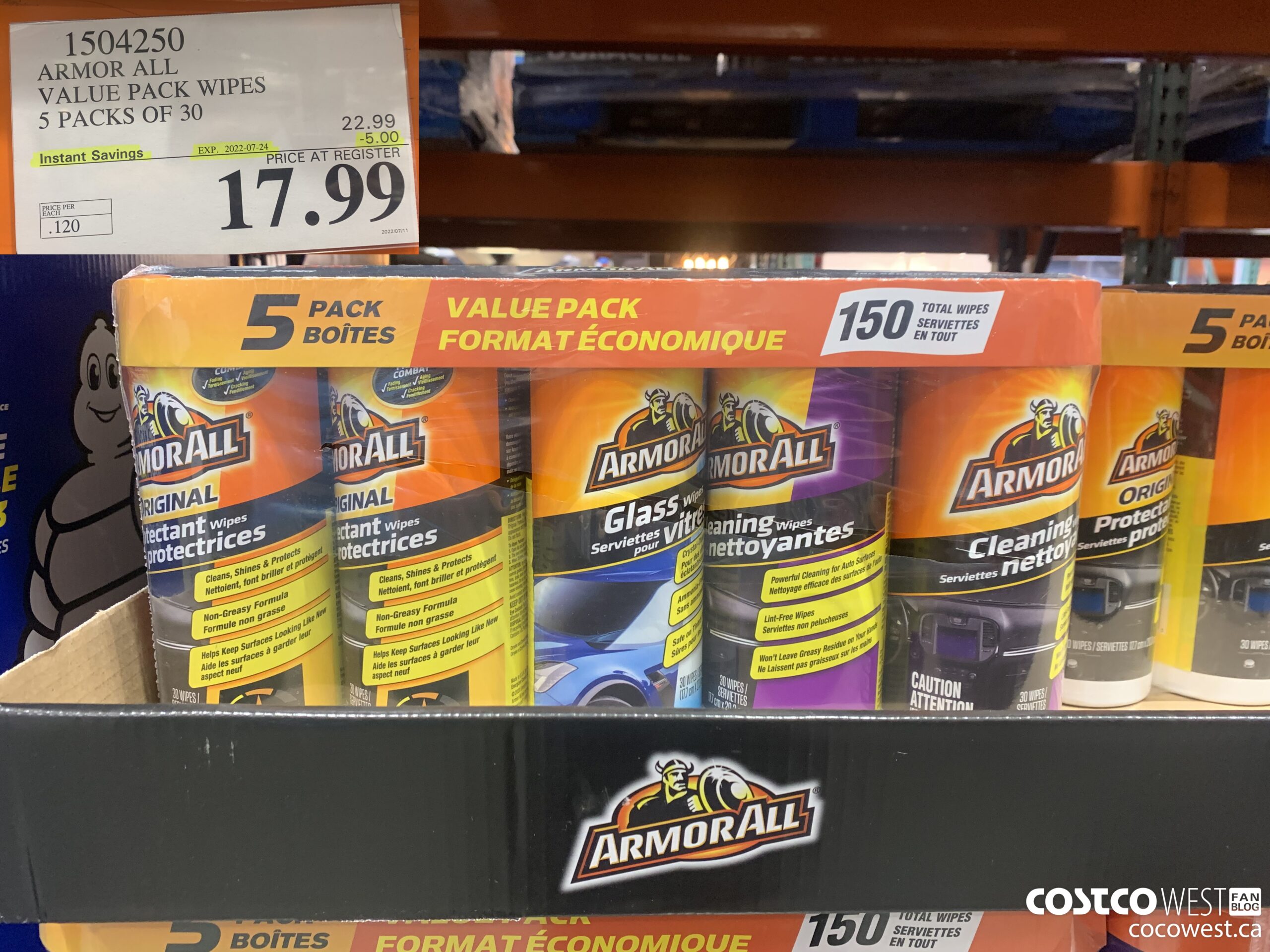 1504250 ARMOR ALL VALUE PACK WIPES 5 PACKS OF 30 ($5.00 INSTANT SAVINGS EXPIRES ON 2022-07-24) $17.99