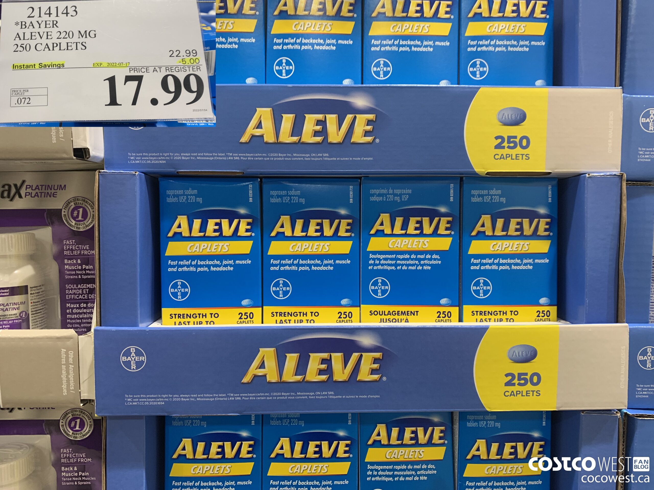 214143 BAYER ALEVE 220 MG 250 CAPLETS ($5.00 INSTANT SAVINGS EXPIRES ON 2022-07-17) $17.99