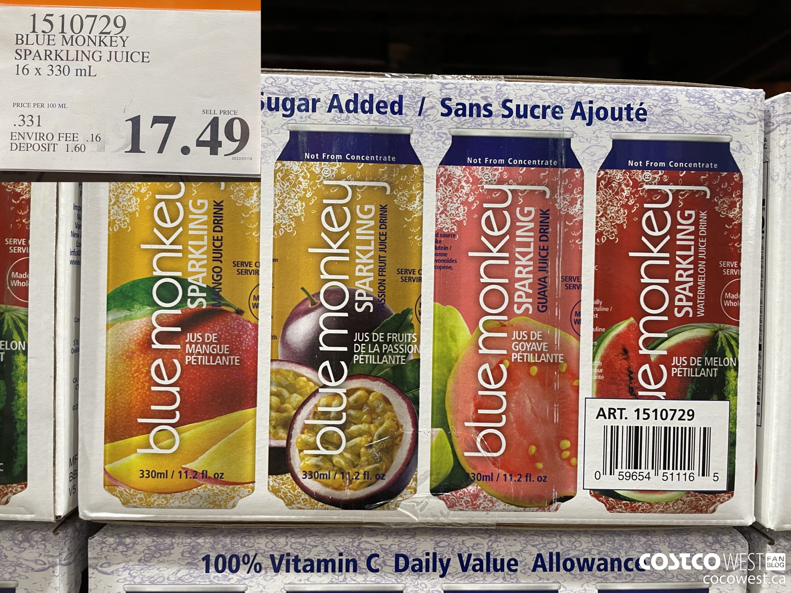 1510729 BLUE MONKEY SPARKLING JUICE 16 X 330 ML $17.49