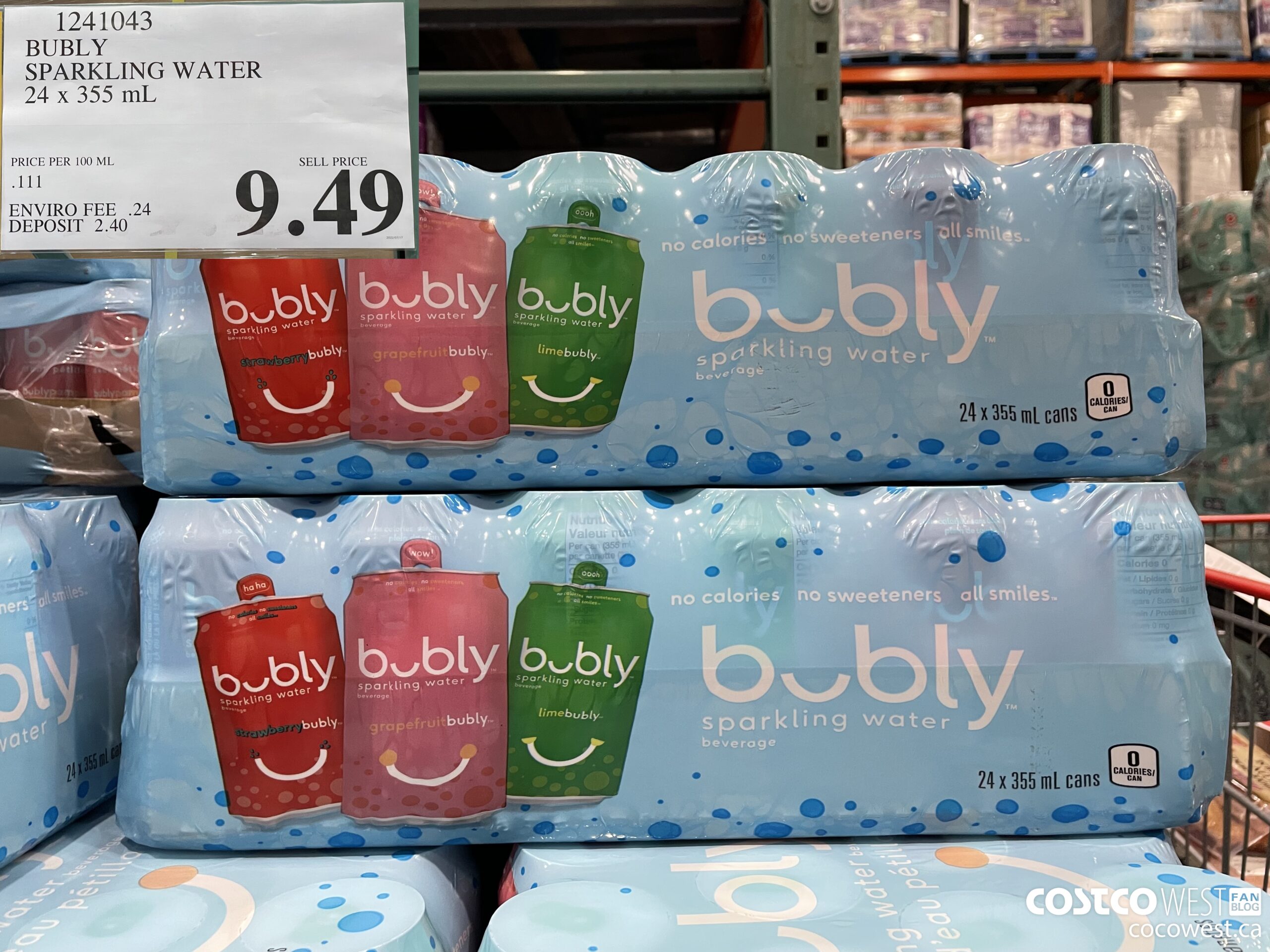 1241043 BUBLY SPARKLING WATER 24 x 355 mL $9.49