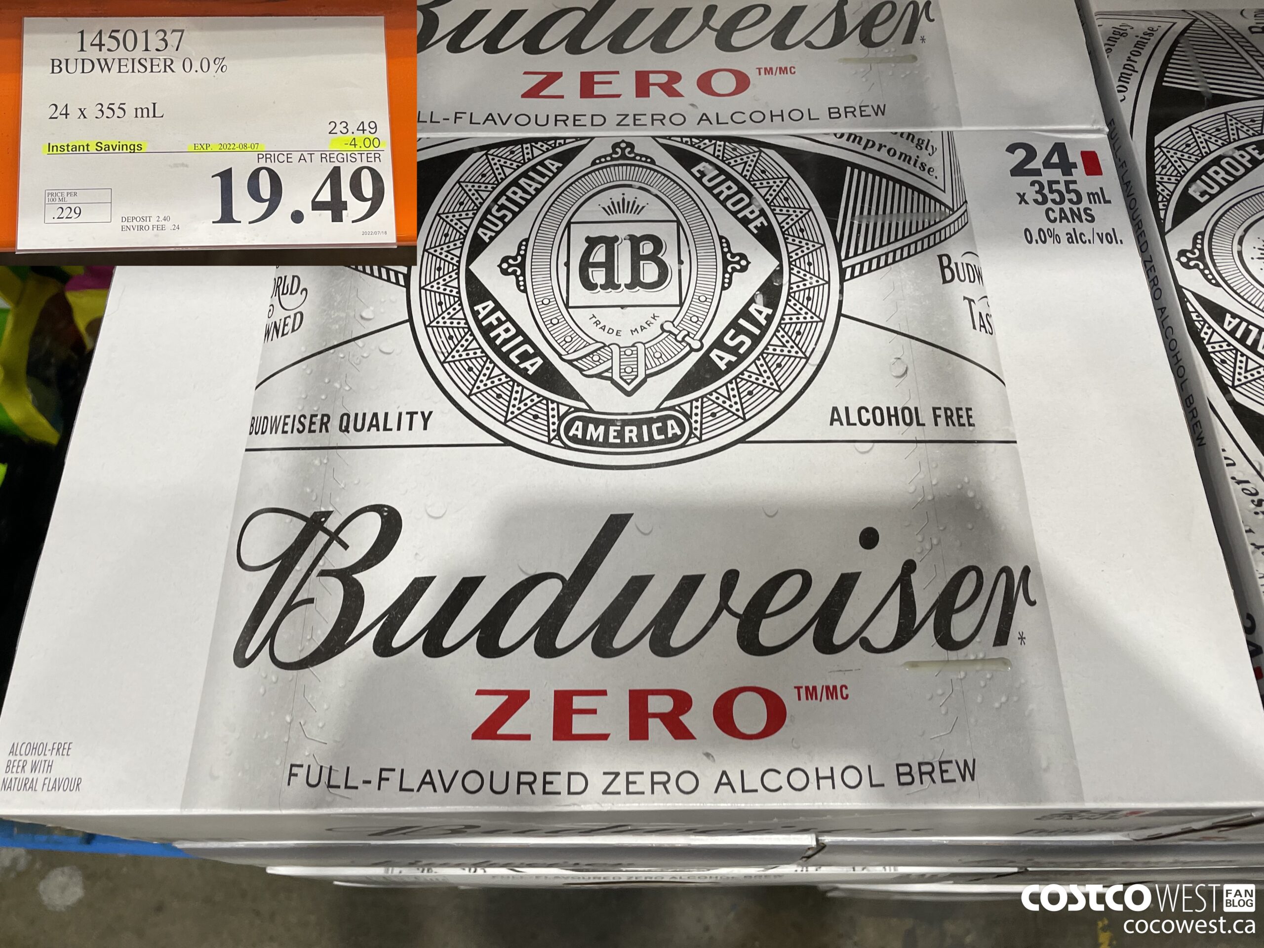 1450137 BUDWEISER 0.0% 24 x 355 mL ($4.00 INSTANT SAVINGS EXPIRES ON 2022-08-07) $19.49