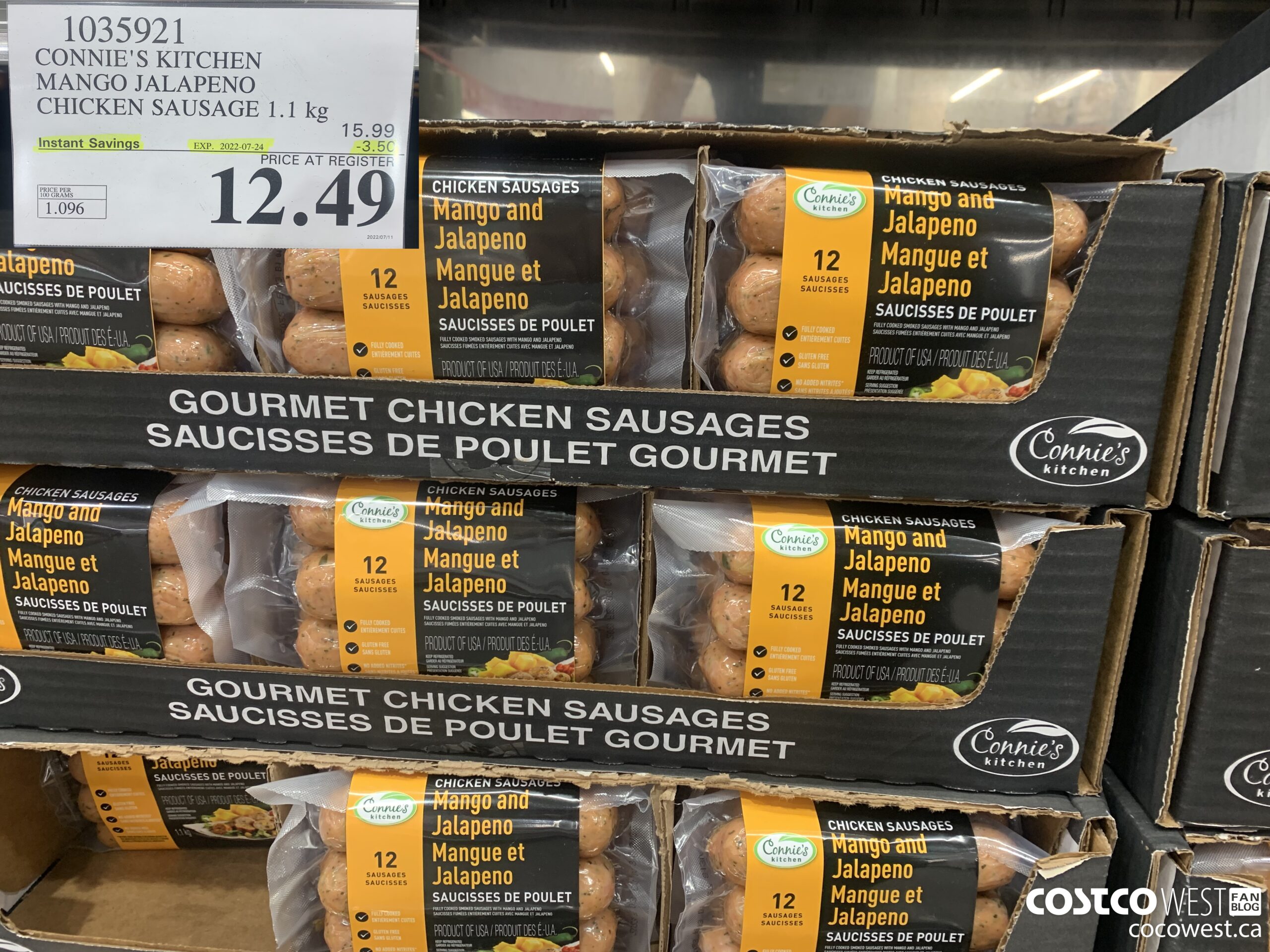 1035921 CONNIE'S KITCHEN MANGO JALAPENO CHICKEN SAUSAGE 1.1KG ($3.50 INSTANT SAVINGS EXPIRES ON 2022-07-24) $12.49