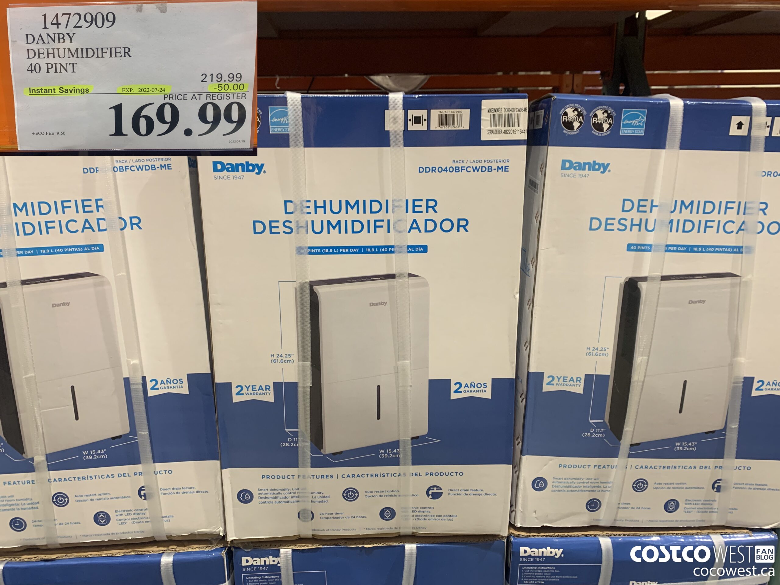 1472909 DANBY DEHUMIDIFIER 40 PINT ($50.00 INSTANT SAVINGS EXPIRES ON 2022-07-24) $169.99