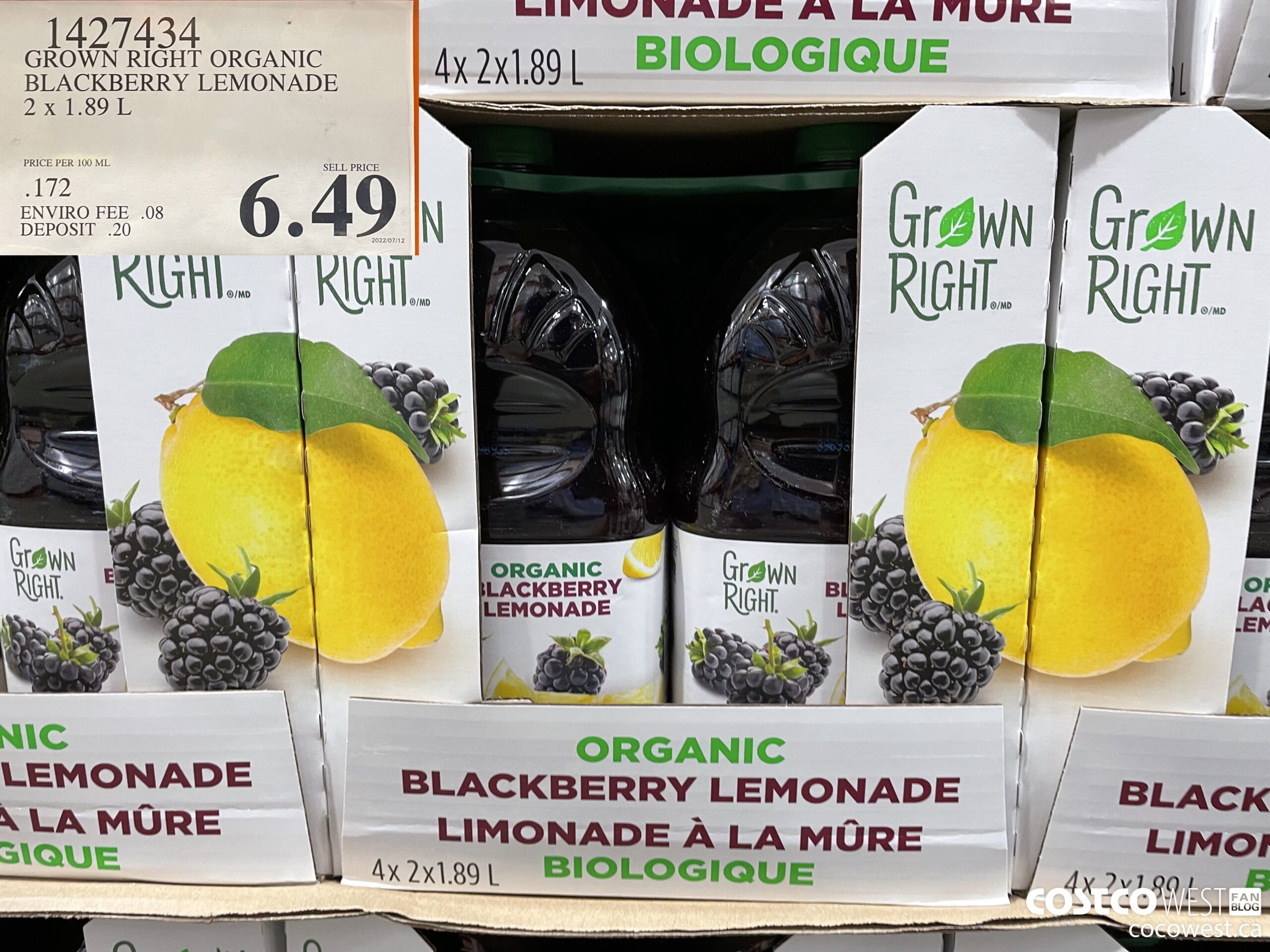 1427434 GROWN RIGHT ORGANIC BLACKBERRY LEMONADE 2 X 1.89L $6.49