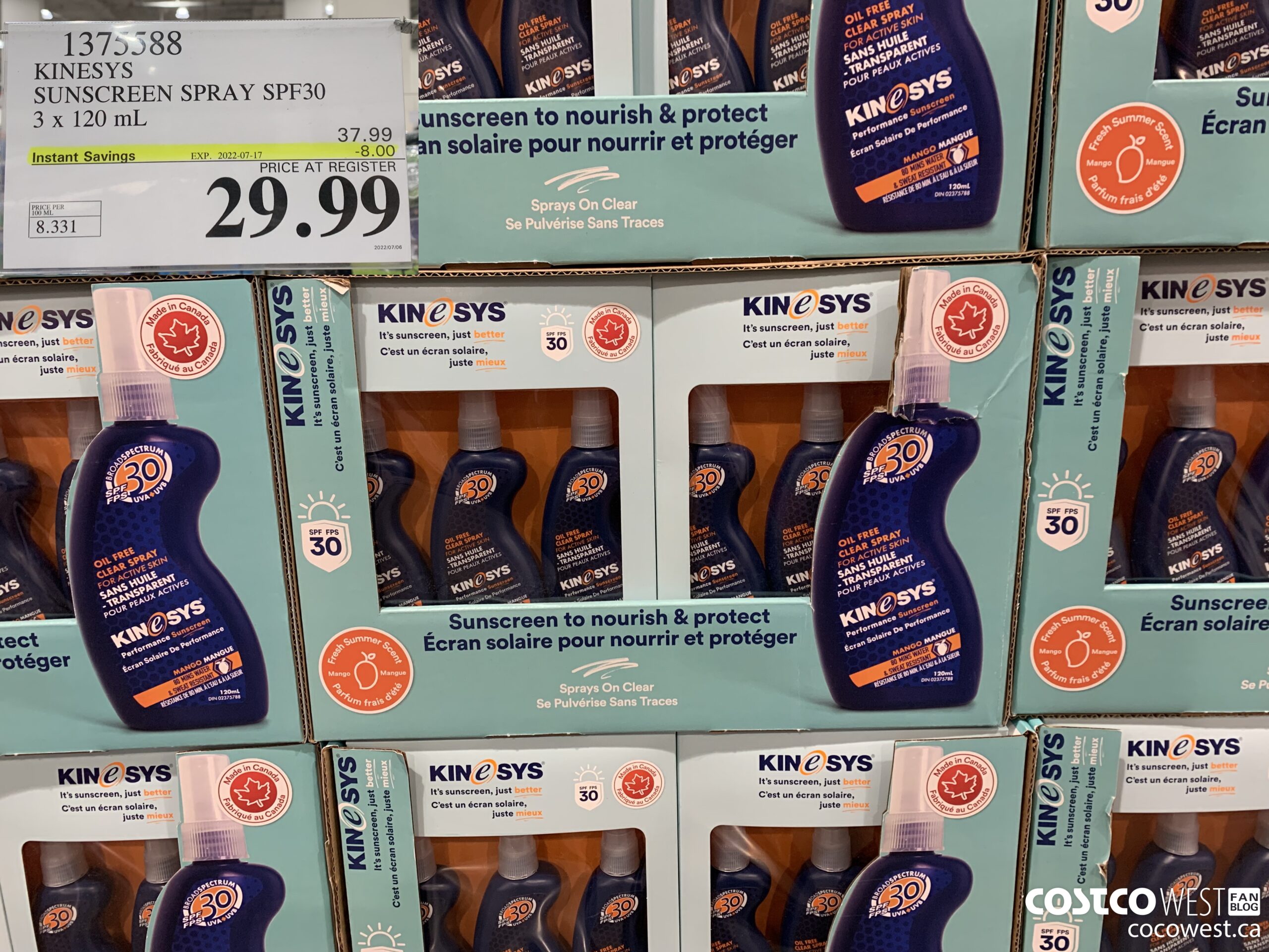 1375588 KINESYS SUNSCREEN SPRAY SPF30 3 x 120 mL ($8.00 INSTANT SAVINGS EXPIRES ON 2022-07-17) $29.99