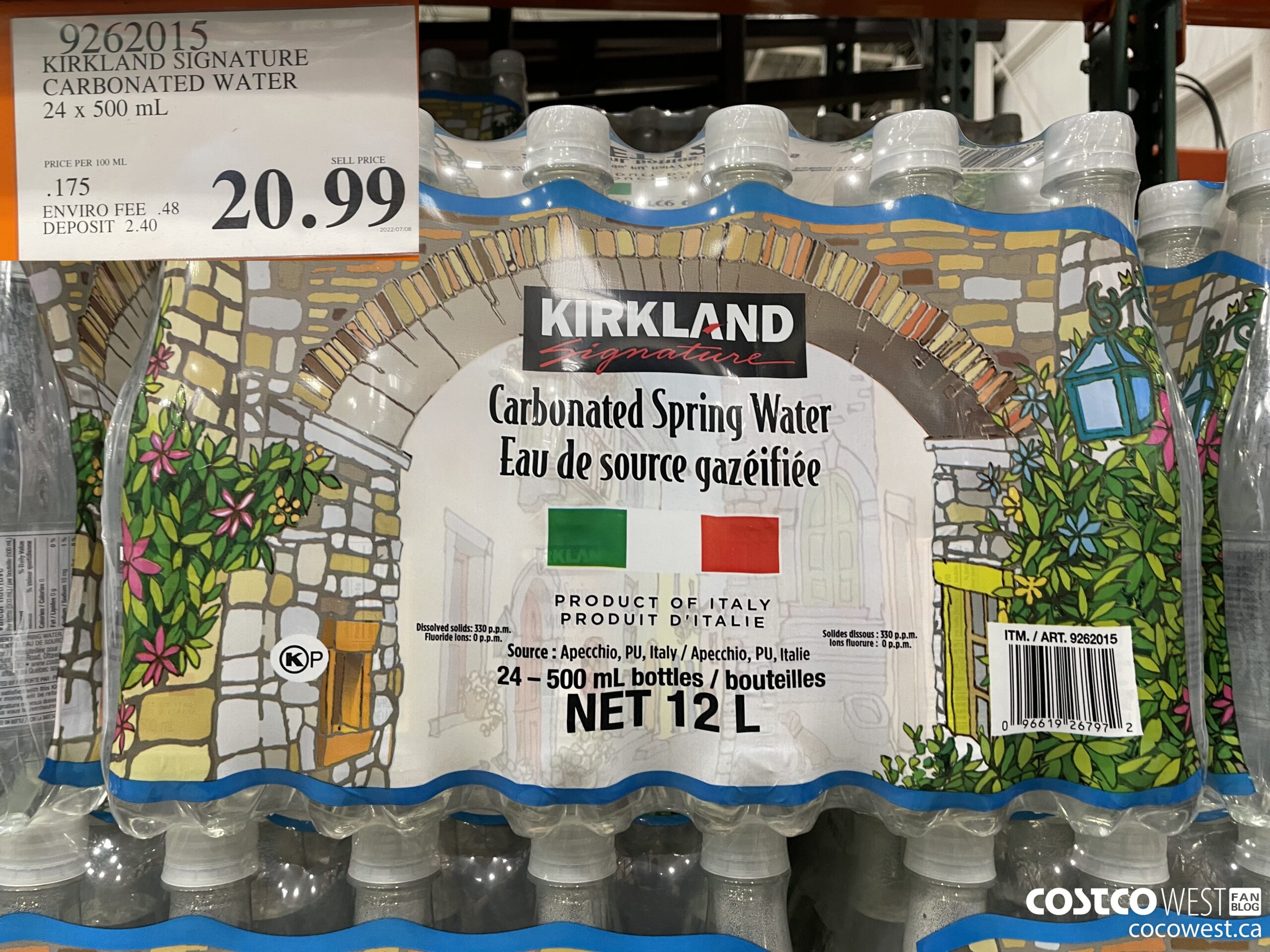 Kirkland Signature Carbonated Spring Water, 24 x 500 mL