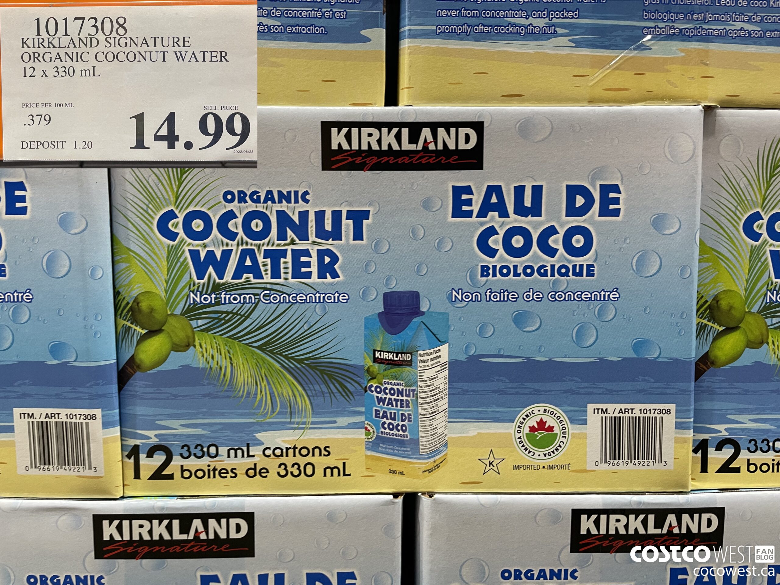 1017308 KIRKLAND SIGNATURE ORGANIC COCONUT WATER 12 X 330 ML $14.99