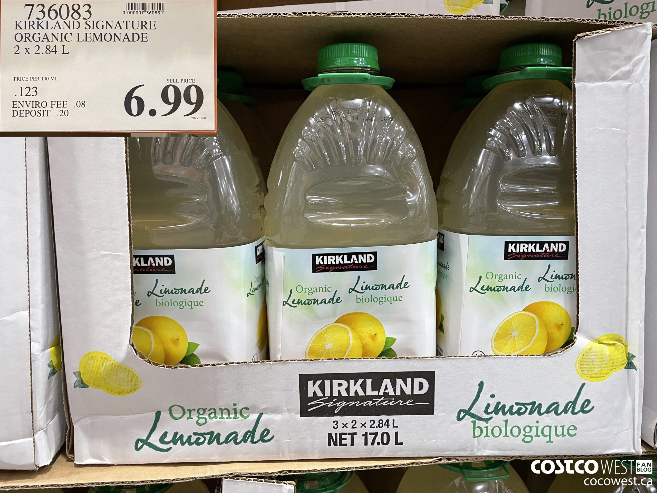 736083 KIRKLAND SIGNATURE ORGANIC LEMONADE 2 X 2.84 L $6.99