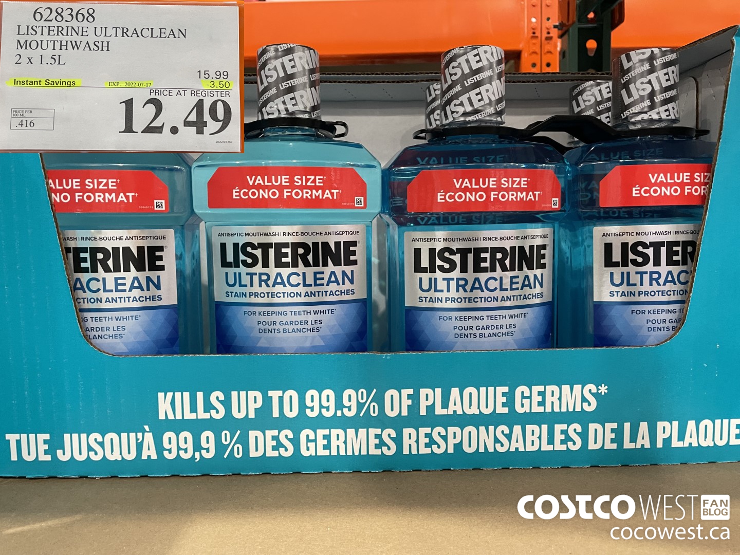 628368 LISTERINE ULTRACLEAN MOUTHWASH 2 X 1.5L ($3.50 INSTANT SAVINGS EXPIRES ON 2022-07-17) $12.49