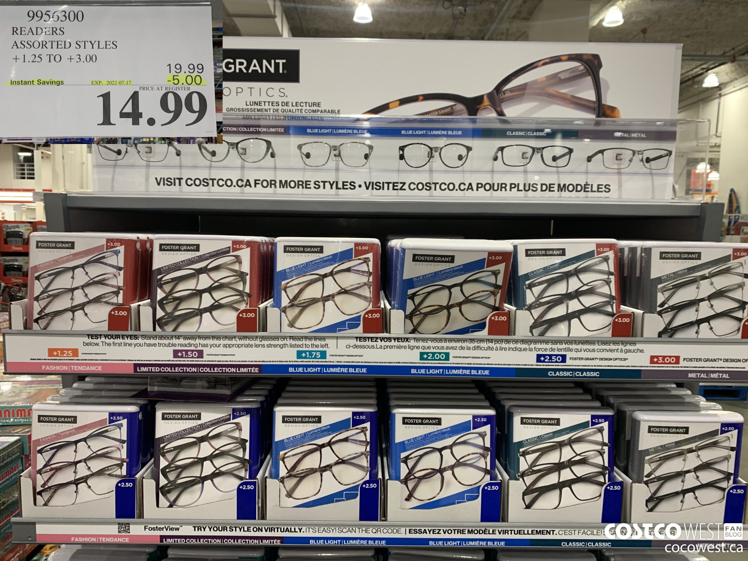 9956300 READERS ASSORTED STYLES +1.25 TO +3.00 ($5.00 INSTANT SAVINGS EXPIRES ON 2022-07-17) $14.99