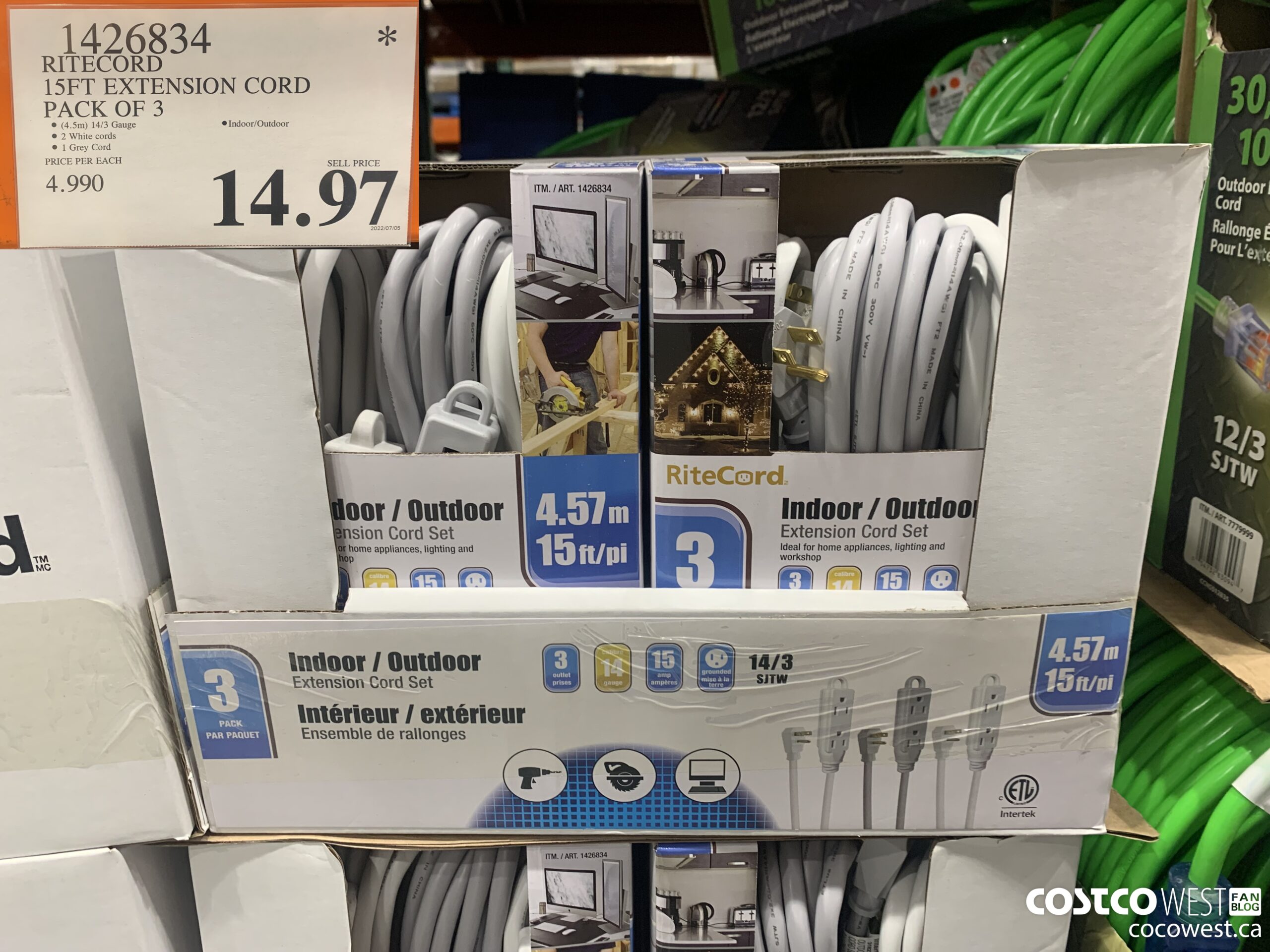 1426834 RITECORD 15FT EXTENSION CORD PACK OF 3 $14.97