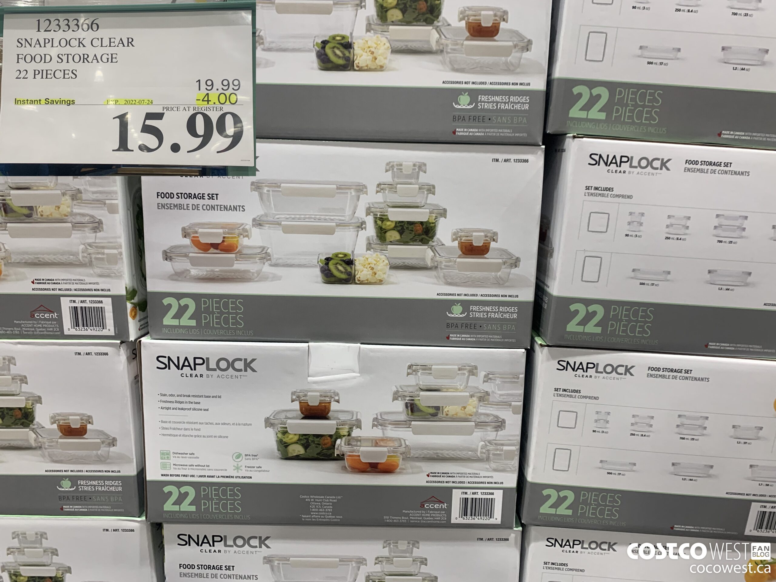 1233366 SNAPLOCK CLEAR FOOD STORAGE 22 PIECES ($4.00 INSTANT SAVINGS EXPIRES ON 2022-07-24) $15.99