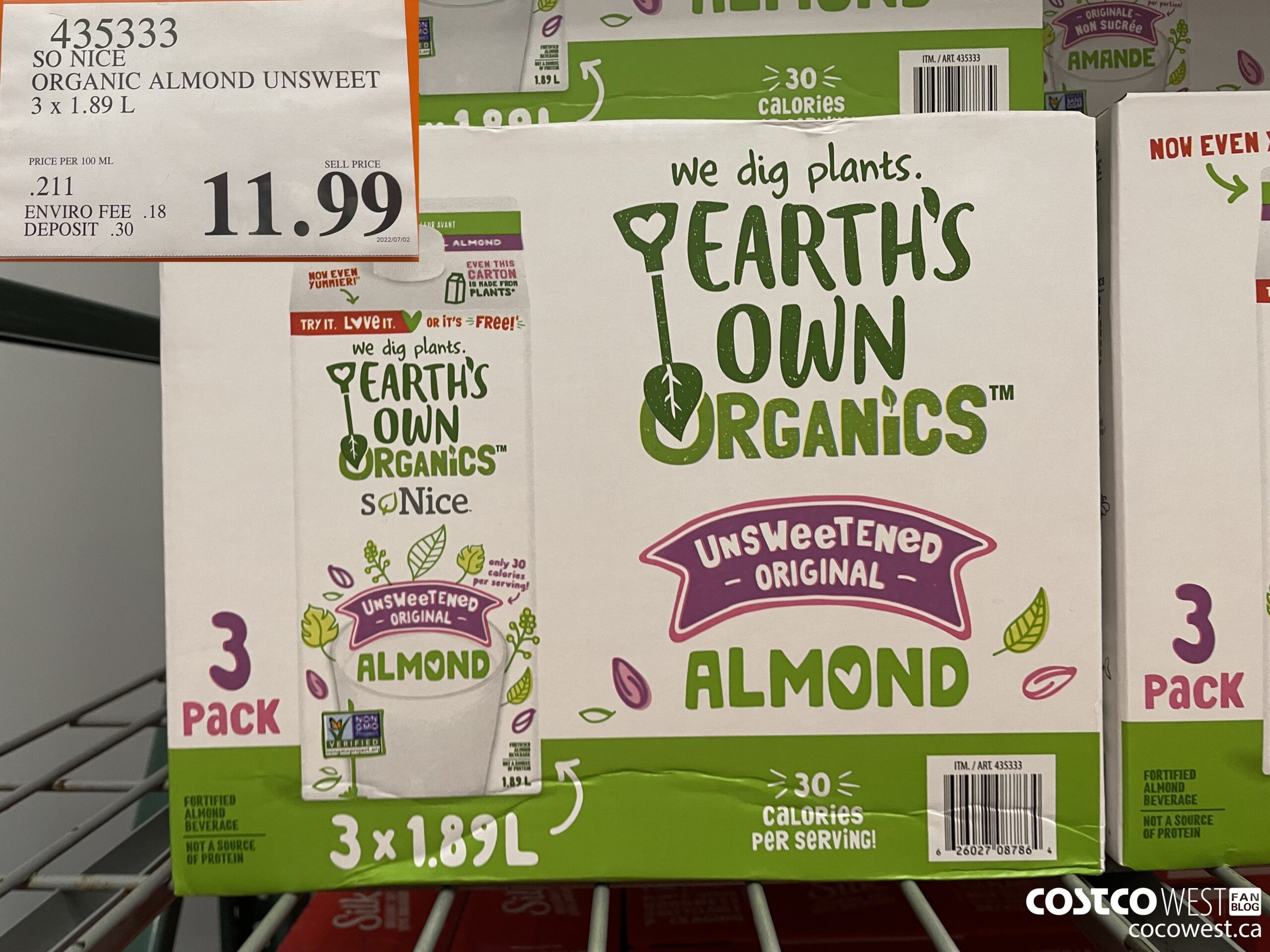 435333 SO NICE ORGANIC ALMOND UNSWEET 3 x 1.89 L $11.99