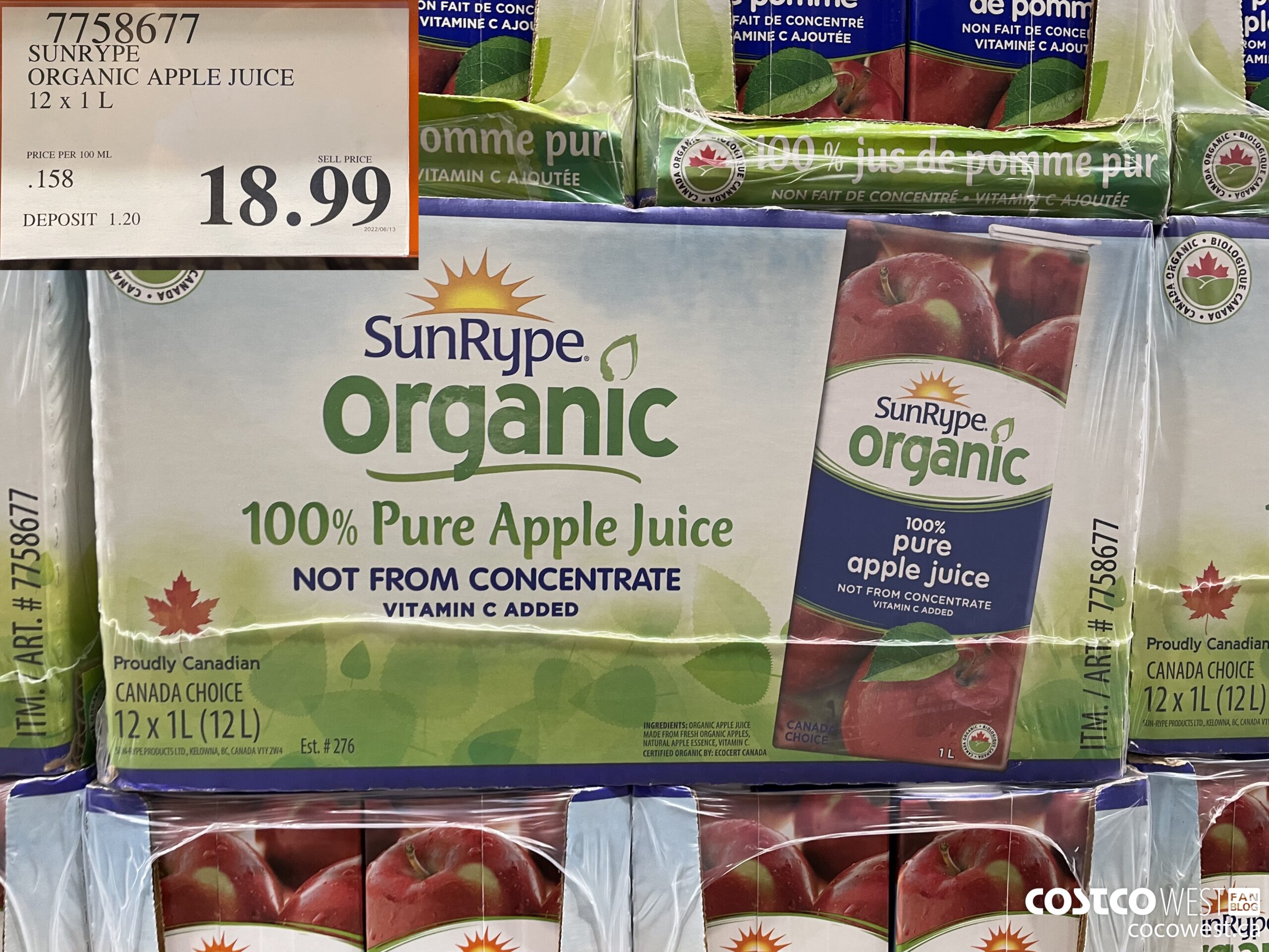 7758677 SUNRYPE ORGANIC APPLE JUICE 12 x 1 L $18.99
