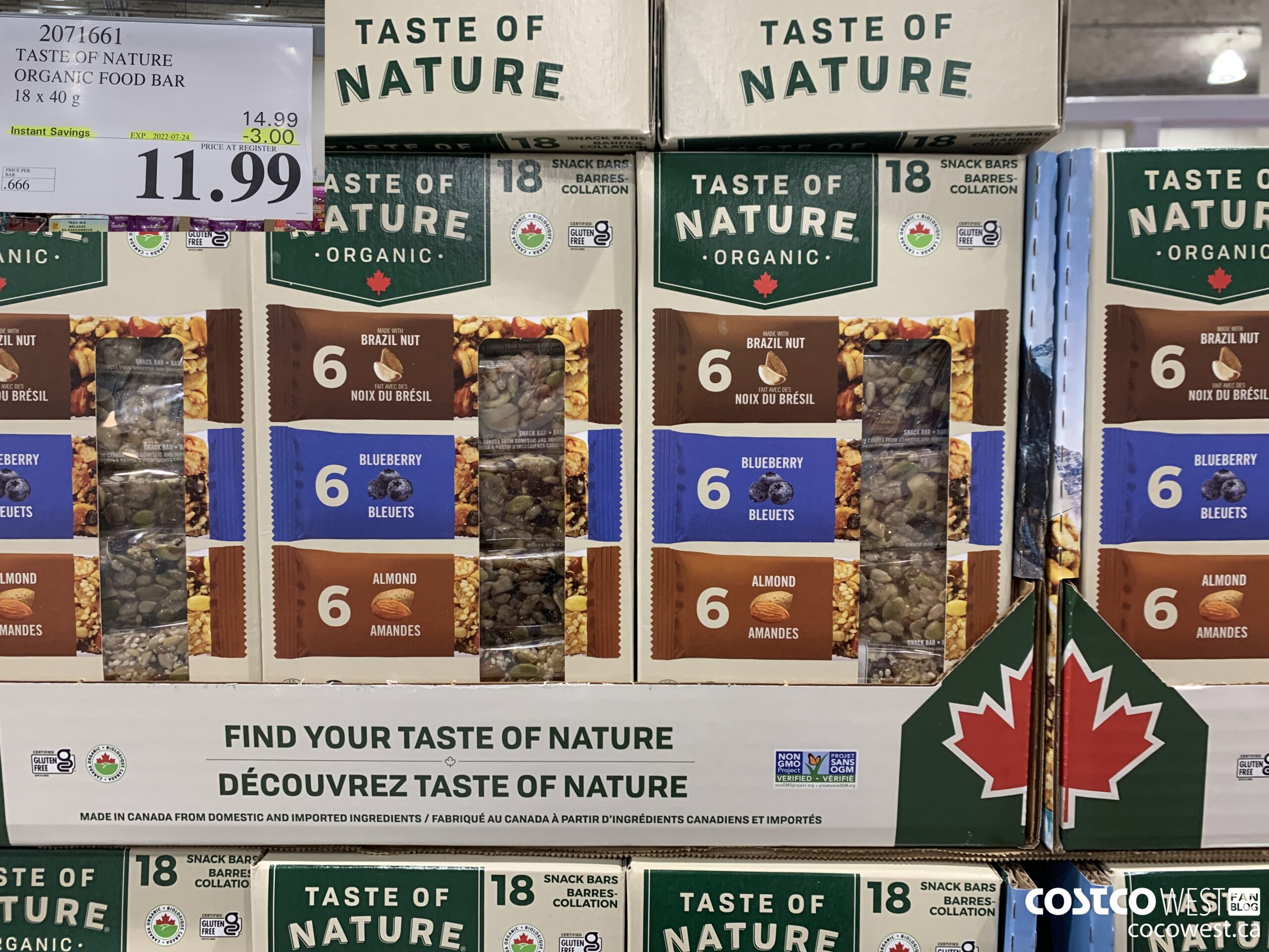 2071661 TASTE OF NATURE ORGANIC FOOD BAR 18 X 40 G ($3.00 INSTANT SAVINGS EXPIRES ON 2022-07-24) $11.99