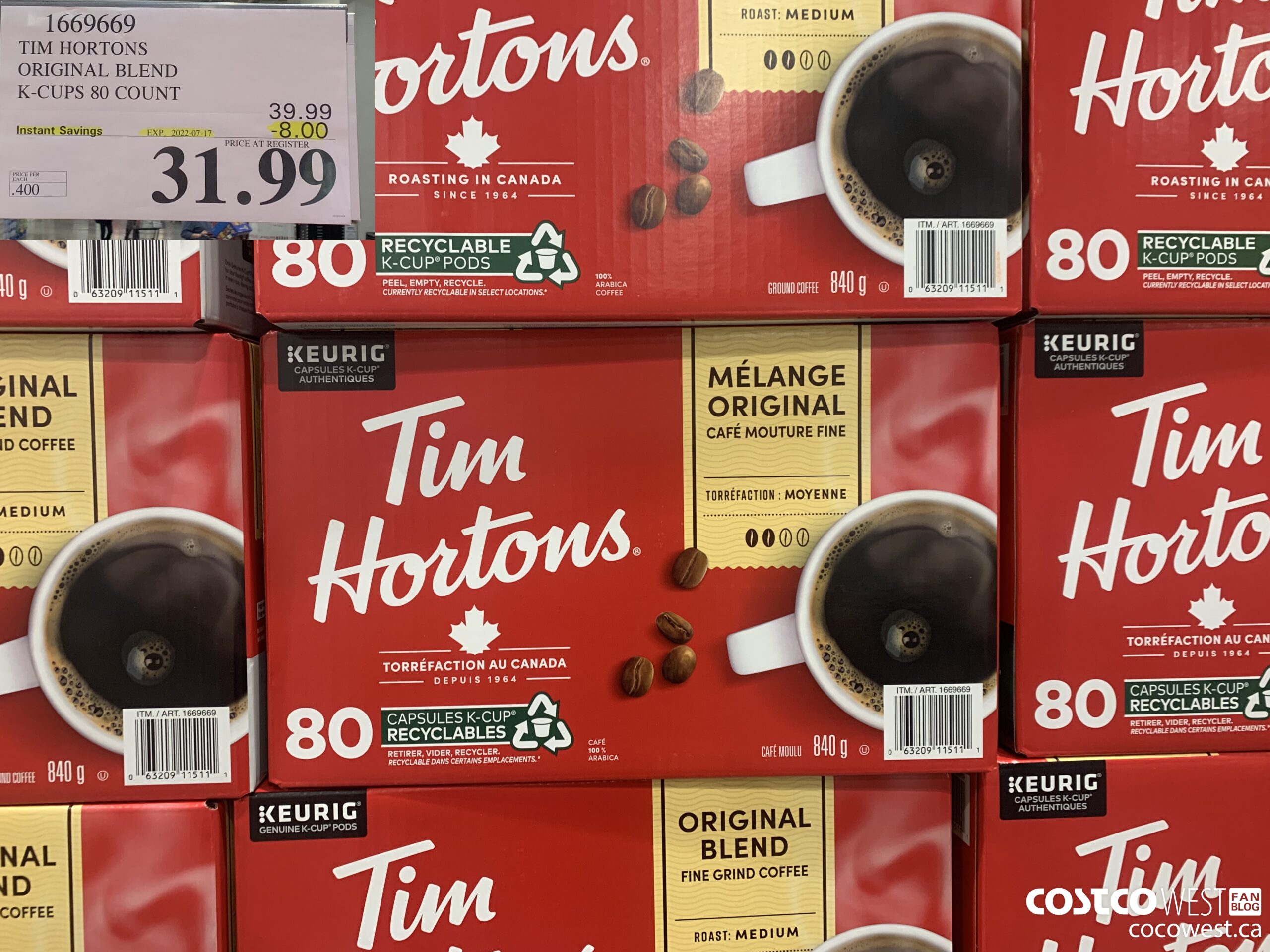 1669669 TIM HORTONS ORIGINAL BLEND K-CUPS 80 COUNT ($8.00 INSTANT SAVINGS EXPIRES ON 2022-07-17) $31.99