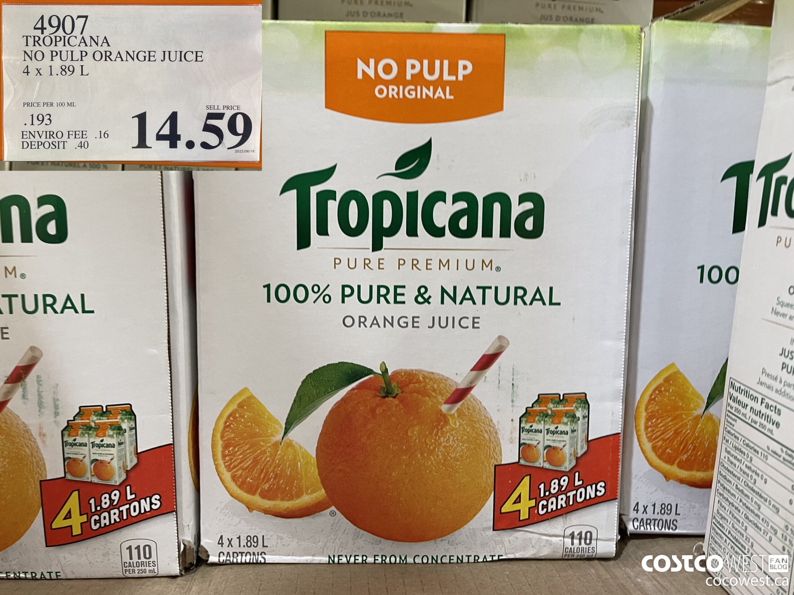 4907 TROPICANA NO PULP ORANGE JUICE 4 X 1.89 L $14.59