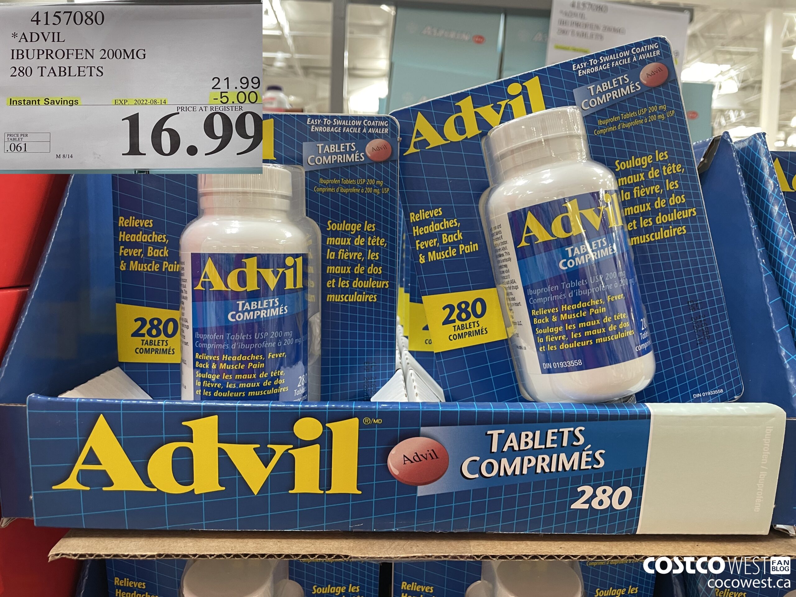 4157080 ADVIL IBUPROFEN 200MG 280 TABLETS ($5.00 INSTANT SAVINGS EXPIRES ON 2022-08-14) $16.99
