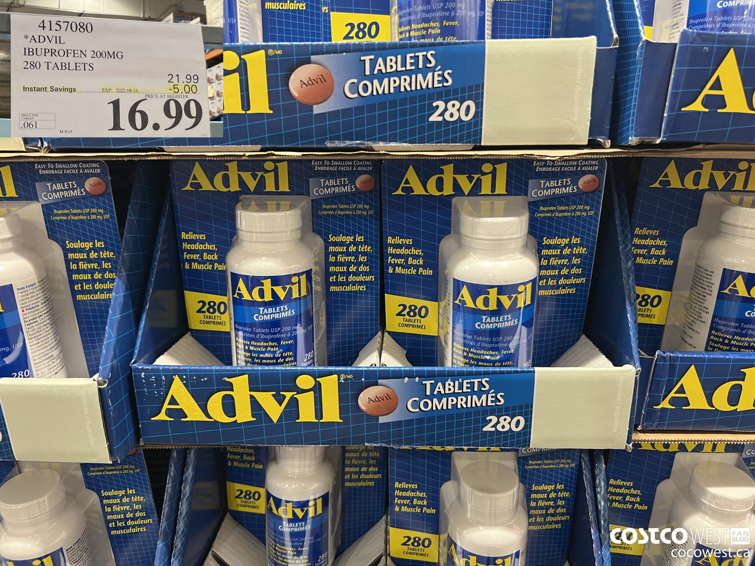 4157080 ADVIL IBUPROFEN 200MG 280 TABLETS ($5.00 INSTANT SAVINGS EXPIRES ON 2022-08-14) $16.99