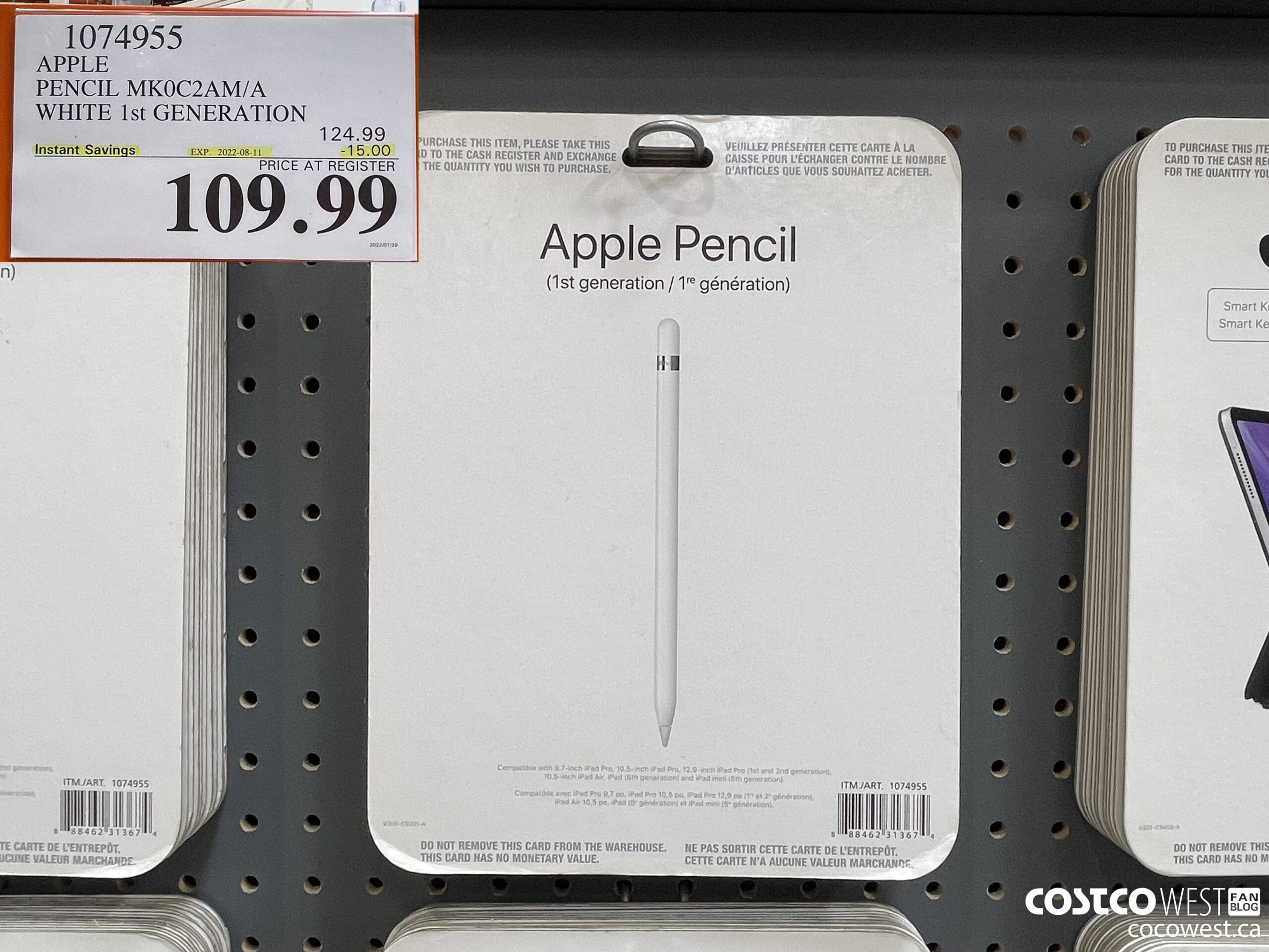 1074955 APPLE PENCIL MK0C2AM/A WHITE 1ST GENERATION ($15.00 INSTANT SAVINGS EXPIRES ON 2022-08-11) $109.99