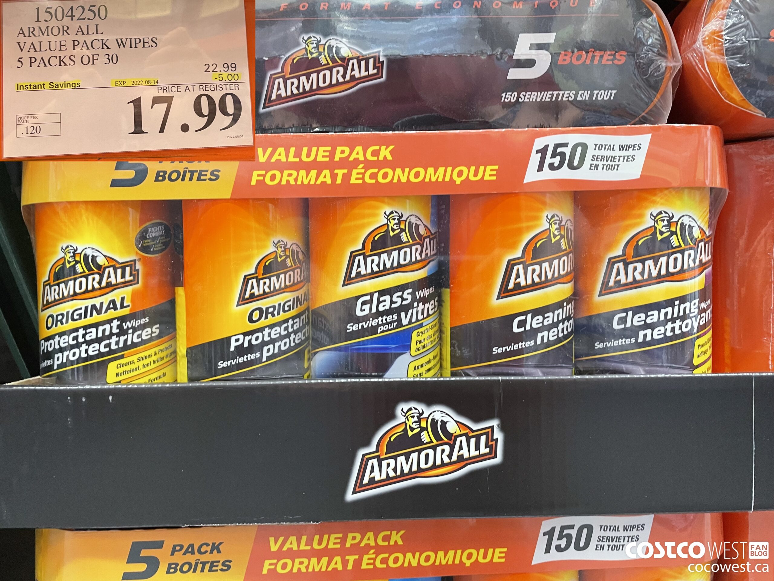 1504250 ARMOR ALL VALUE PACK WIPES 5 PACKS OF 30 ($5.00 INSTANT SAVINGS EXPIRES ON 2022-08-14) $17.99