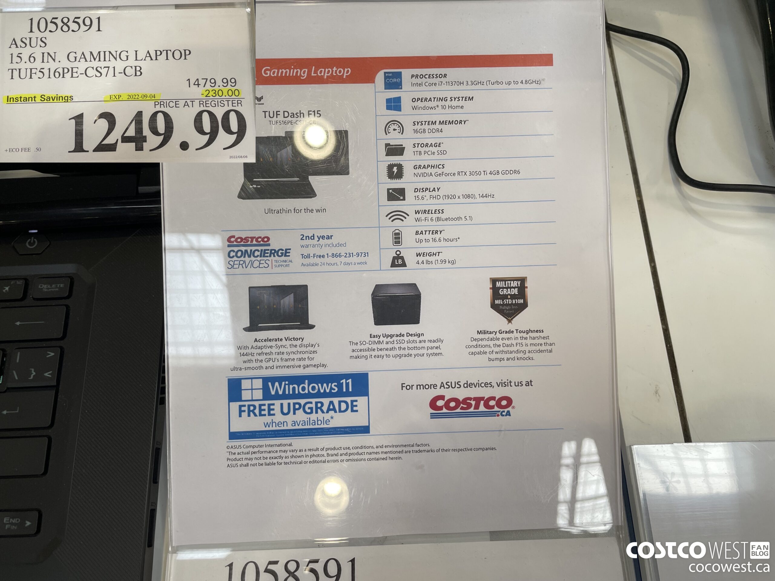 1058591 ASUS 15.6 IN. GAMING LAPTOP TUF516PE-CS71-CB ($230.00 INSTANT SAVINGS EXPIRES ON 2022-09-04) $1249.99