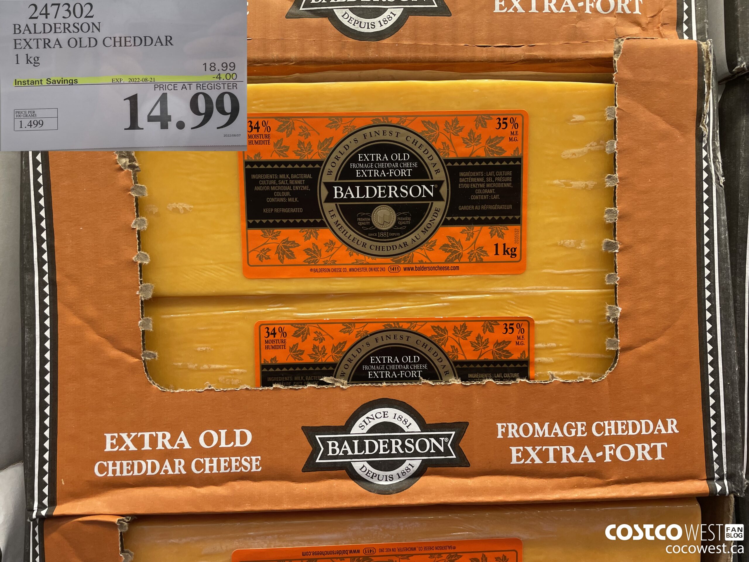 247302 BALDERSON EXTRA OLD CHEDDAR 1 kg ($4.00 INSTANT SAVINGS EXPIRES ON 2022-08-21) $14.99