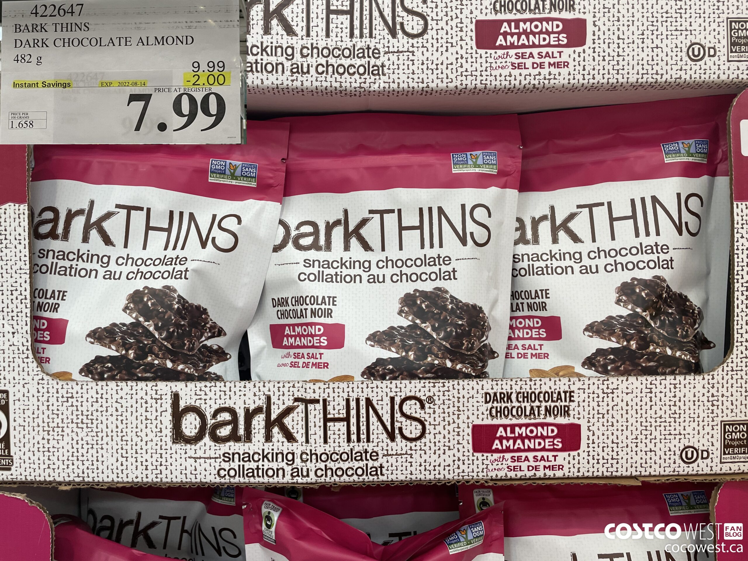 422647 BARK THINS DARK CHOCOLATE ALMOND 482 g ($2.00 INSTANT SAVINGS EXPIRES ON 2022-08-14) $7.99