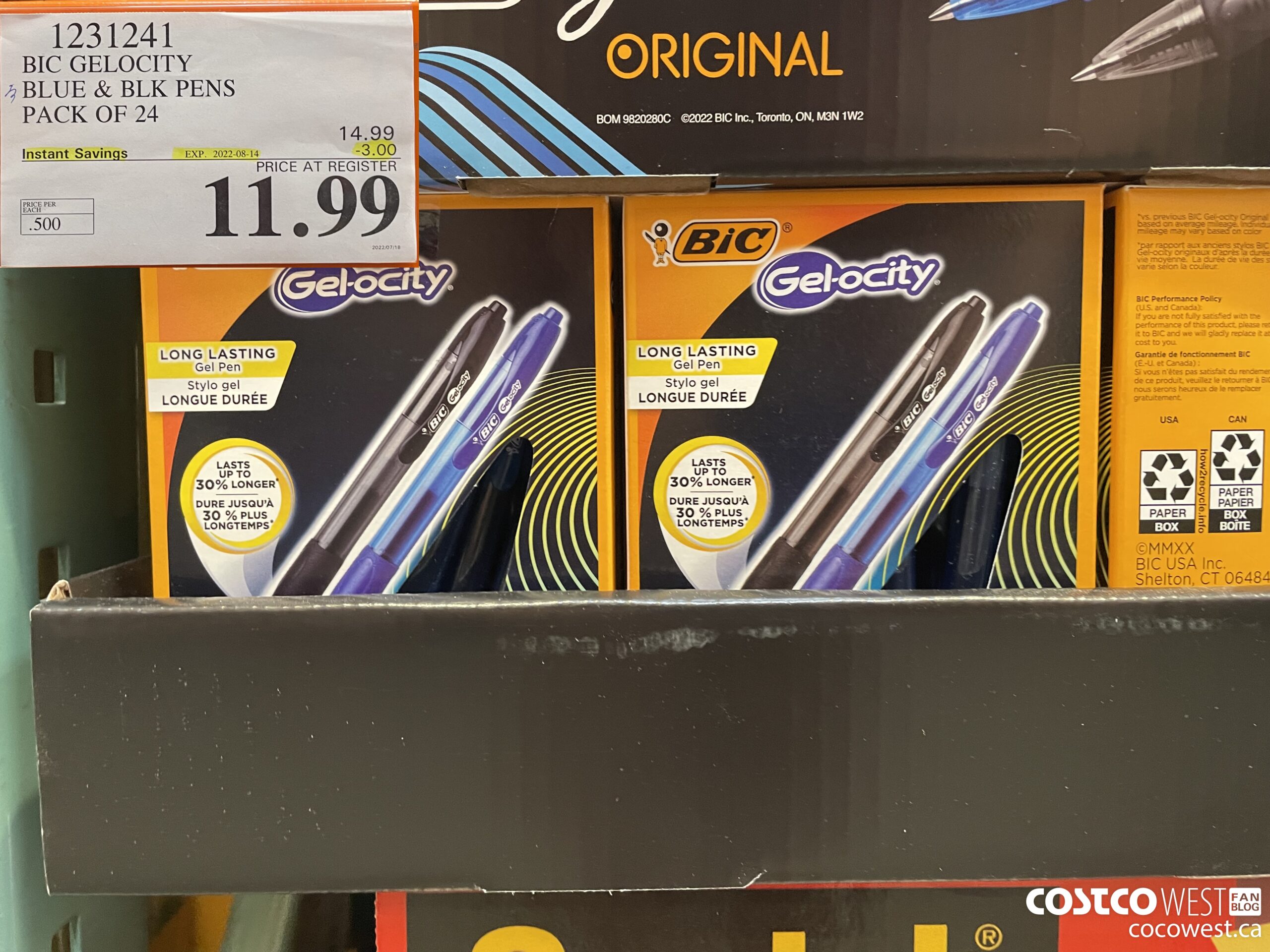 1231241 BIC GELOCITY BLUE & BLK PENS PACK OF 24 ($3.00 INSTANT SAVINGS EXPIRES ON 2022-08-14) $11.99