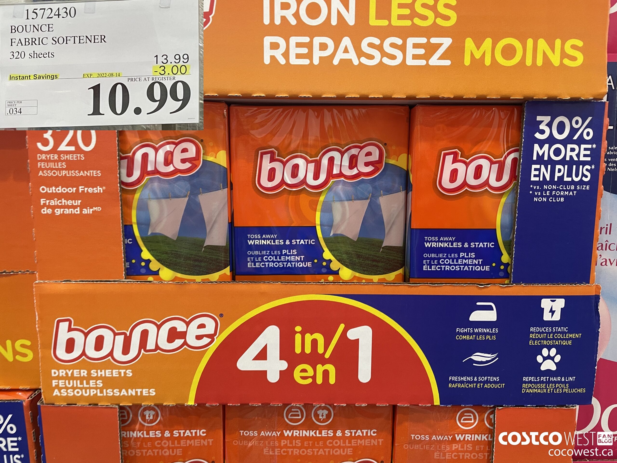 1572430 BOUNCE FABRIC SOFTENER 320 sheets ($3.00 INSTANT SAVINGS EXPIRES ON 2022-08-14) $10.99