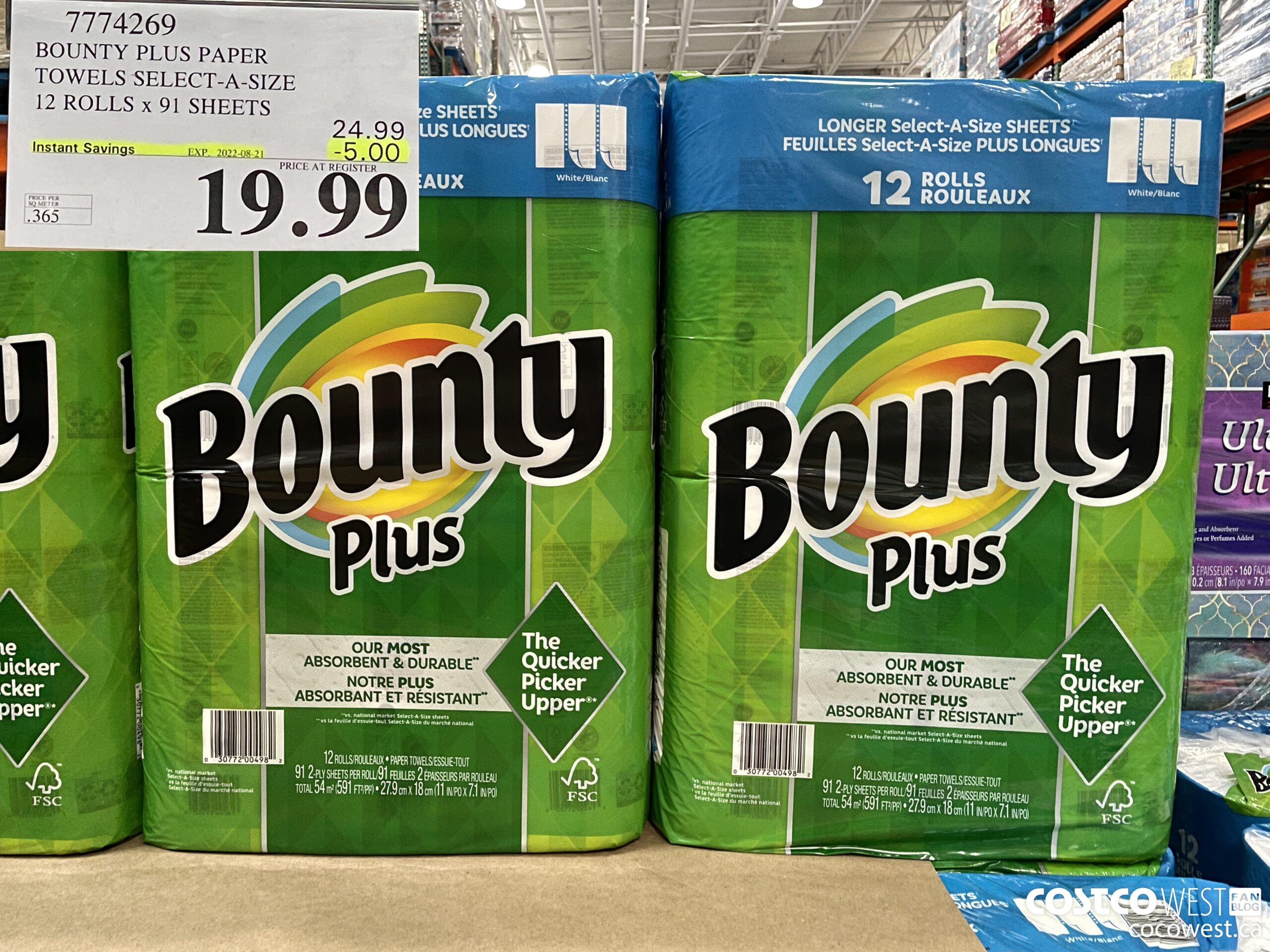 7774269 BOUNTY PLUS PAPER TOWELS SELECT-A-SIZE 12 ROLLS x 91 SHEETS ($5.00 INSTANT SAVINGS EXPIRES ON 2022-08-21) $19.99