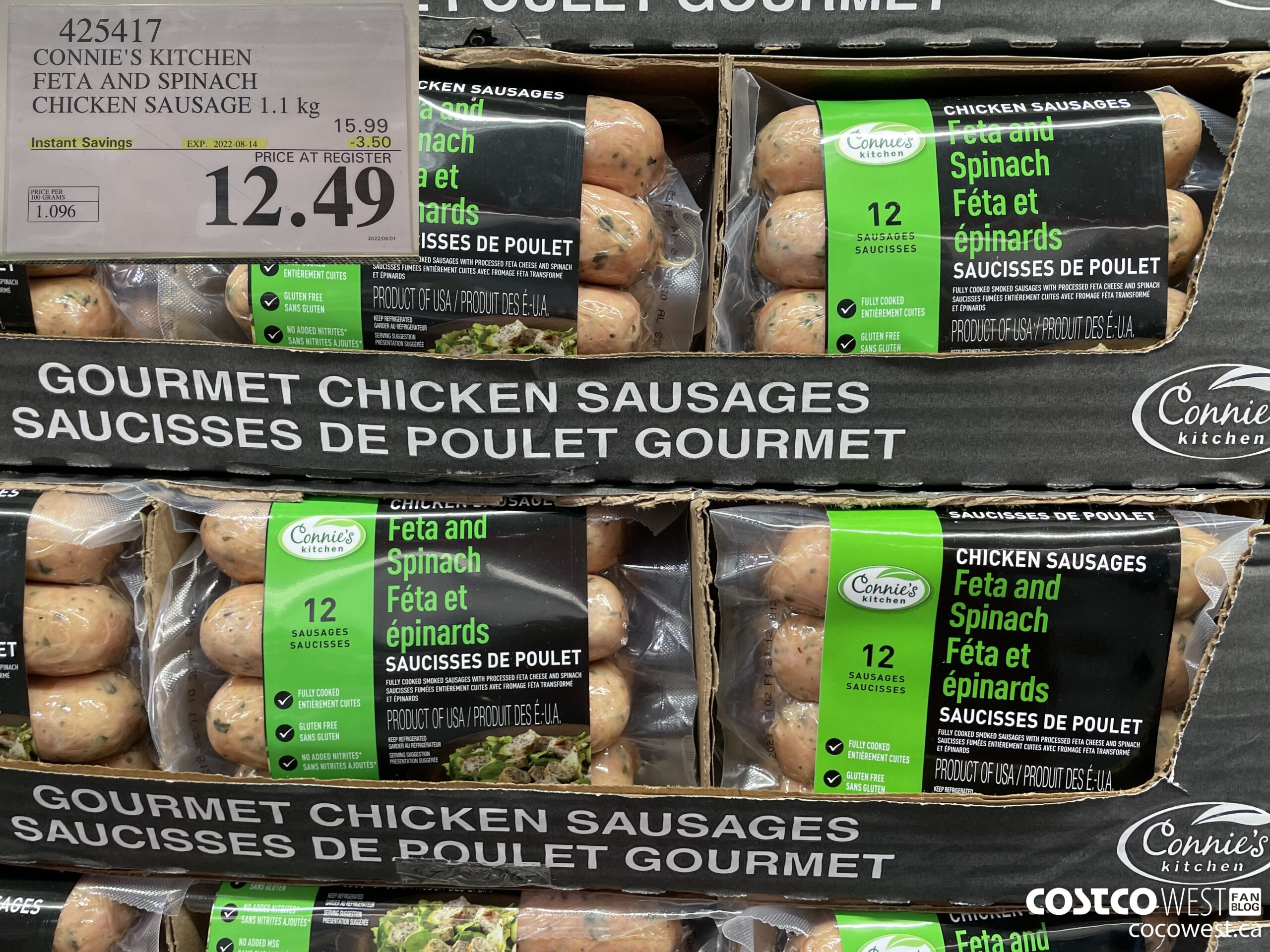 425417 CONNIE'S KITCHEN FETA AND SPINACH CHICKEN SAUSAGE 1.1 kg ($3.50 INSTANT SAVINGS EXPIRES ON 2022-08-14) $12.49