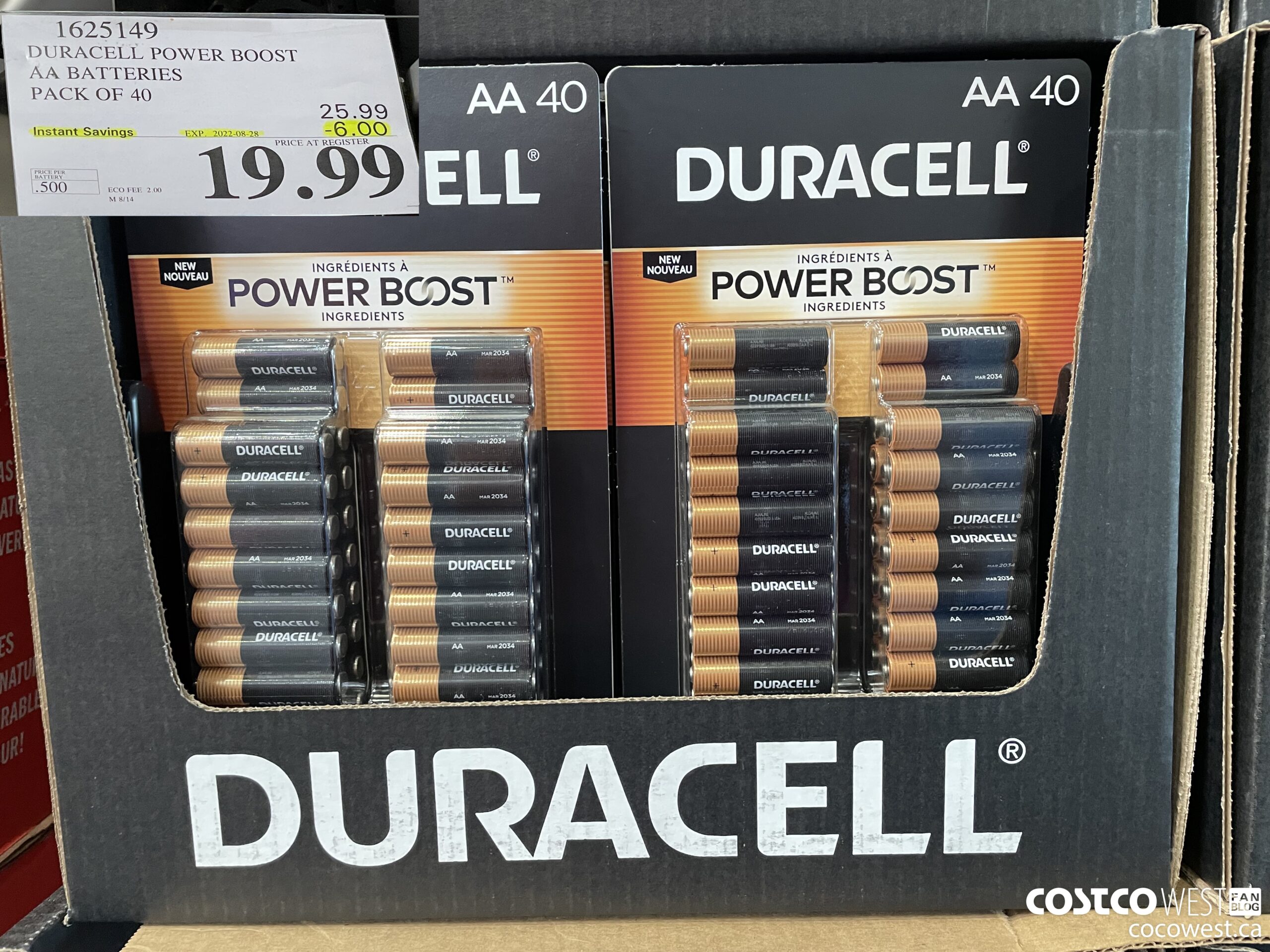 1625149 DURACELL POWER BOOST AA BATTERIES PACK OF 40 ($6.00 INSTANT SAVINGS EXPIRES ON 2022-08-28) $19.99