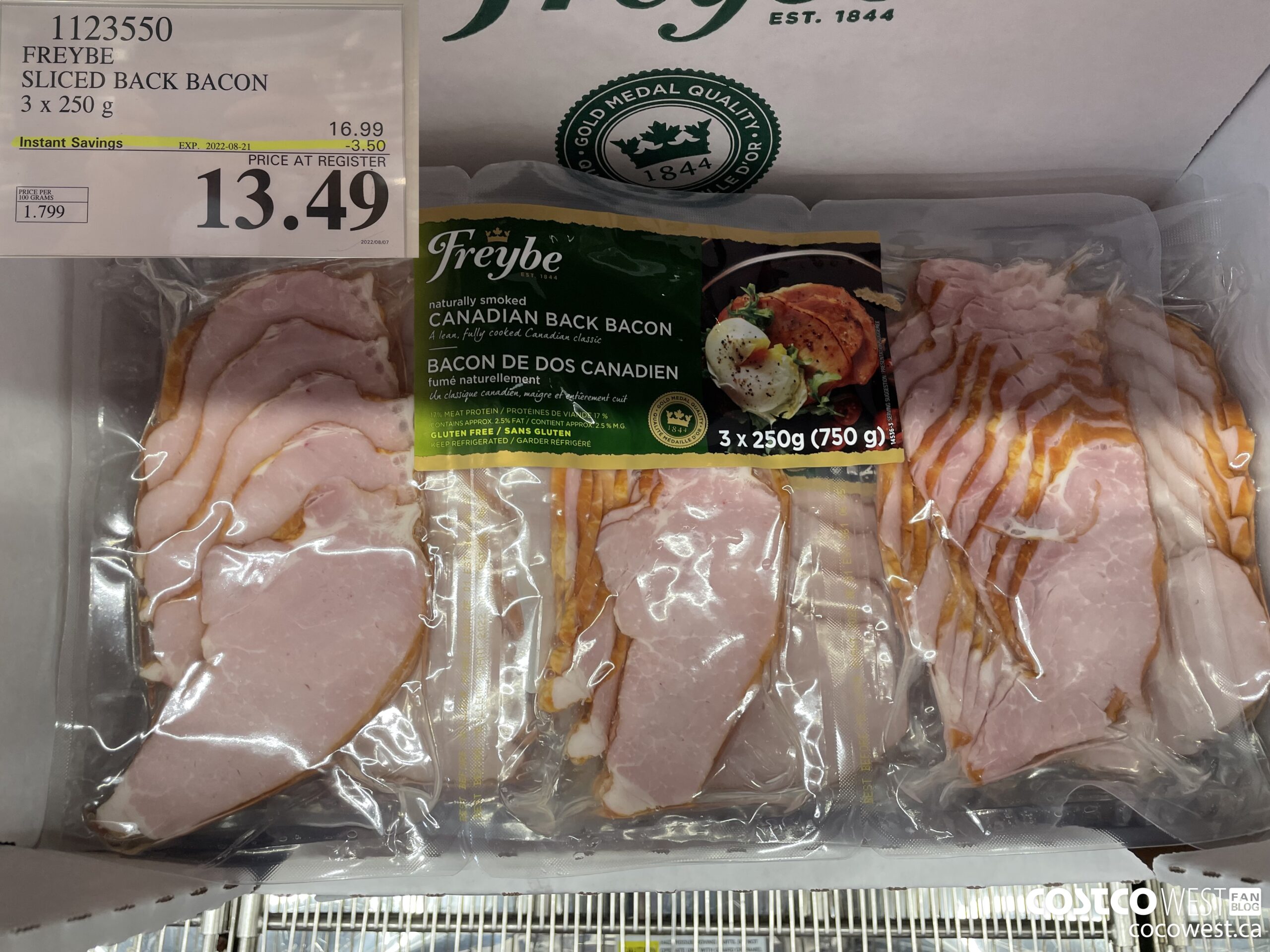 1123550 FREYBE SLICED BACK BACON 3 x 250 g ($3.50 INSTANT SAVINGS EXPIRES ON 2022-08-21) $13.49