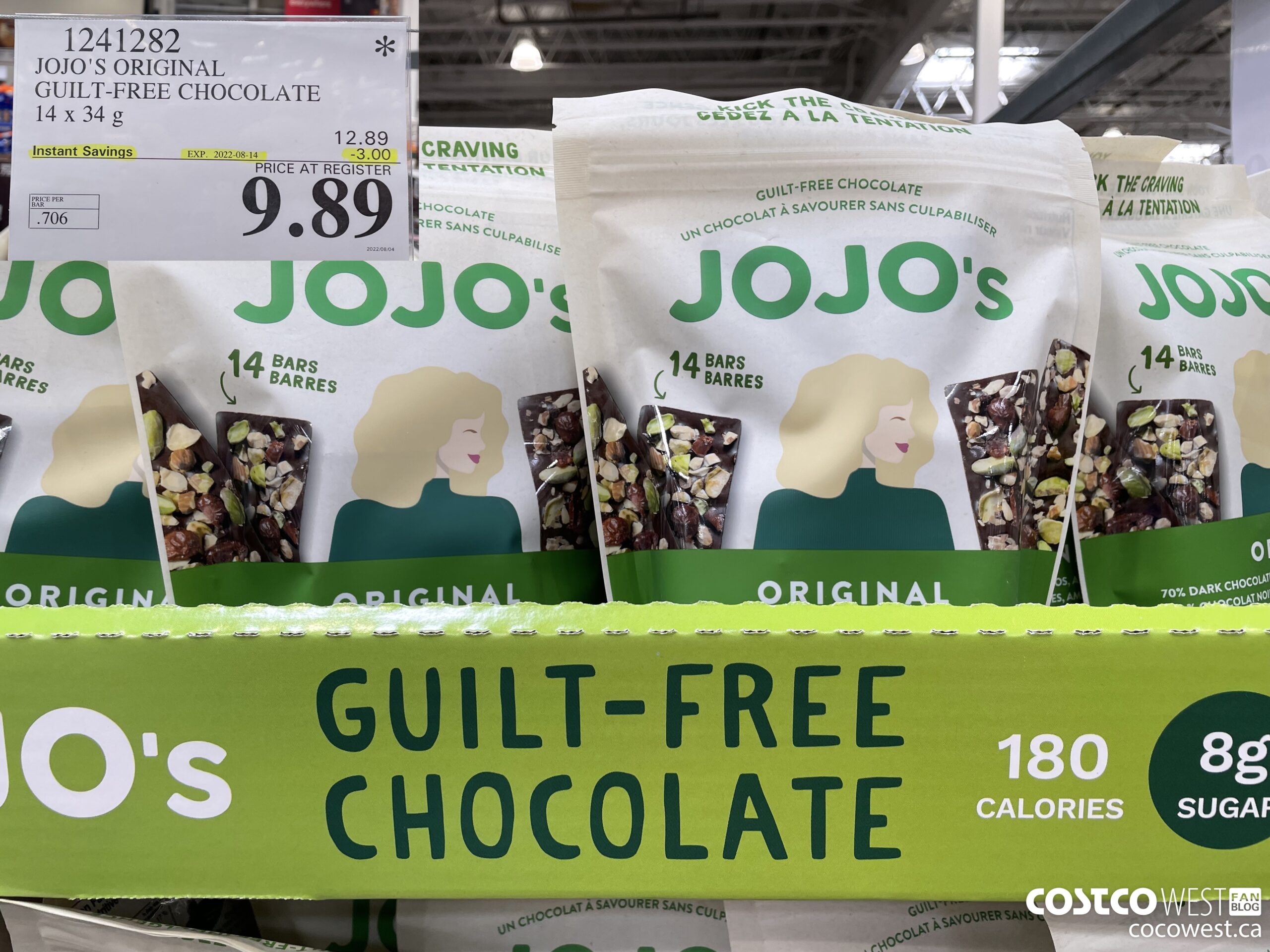 1241282 JOJO'S ORIGINAL GUILT-FREE CHOCOLATE BAR 14 X 34 G ($3.00 INSTANT SAVINGS EXPIRES ON 2022-08-14) $9.89