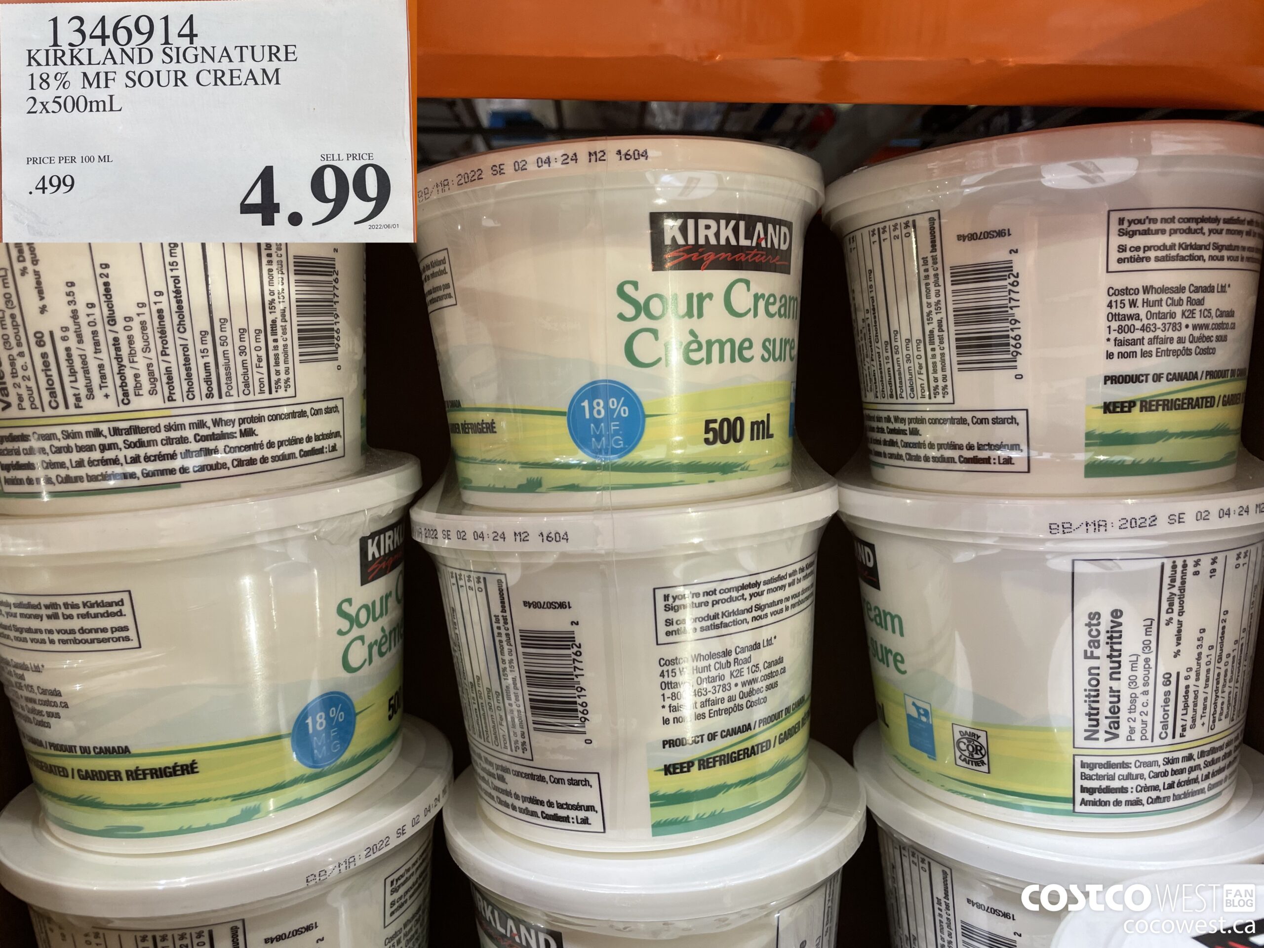 1346914 KIRKLAND SIGNATURE 18% MF SOUR CREAM 2 x 500mL  $4.99