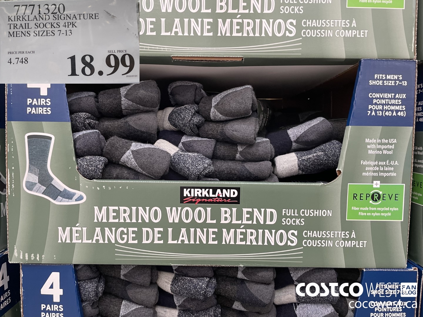 7771320 KIRKLAND SIGNATURE TRAIL SOCKS 4PK MENS SIZES 7-13 $18.99